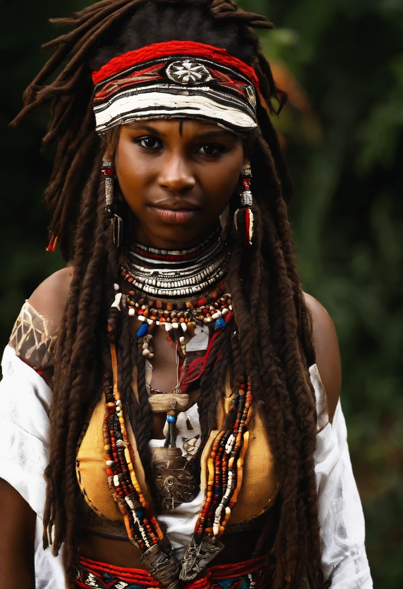 Full body, Beautiful African woman 18 y. o. from the Himba tribe. Small braids around the head, jewelry made of small beads and copper details, authentic clothing fabric, pronounced natural texture of the facial skin, high-quality photo by National Geographic