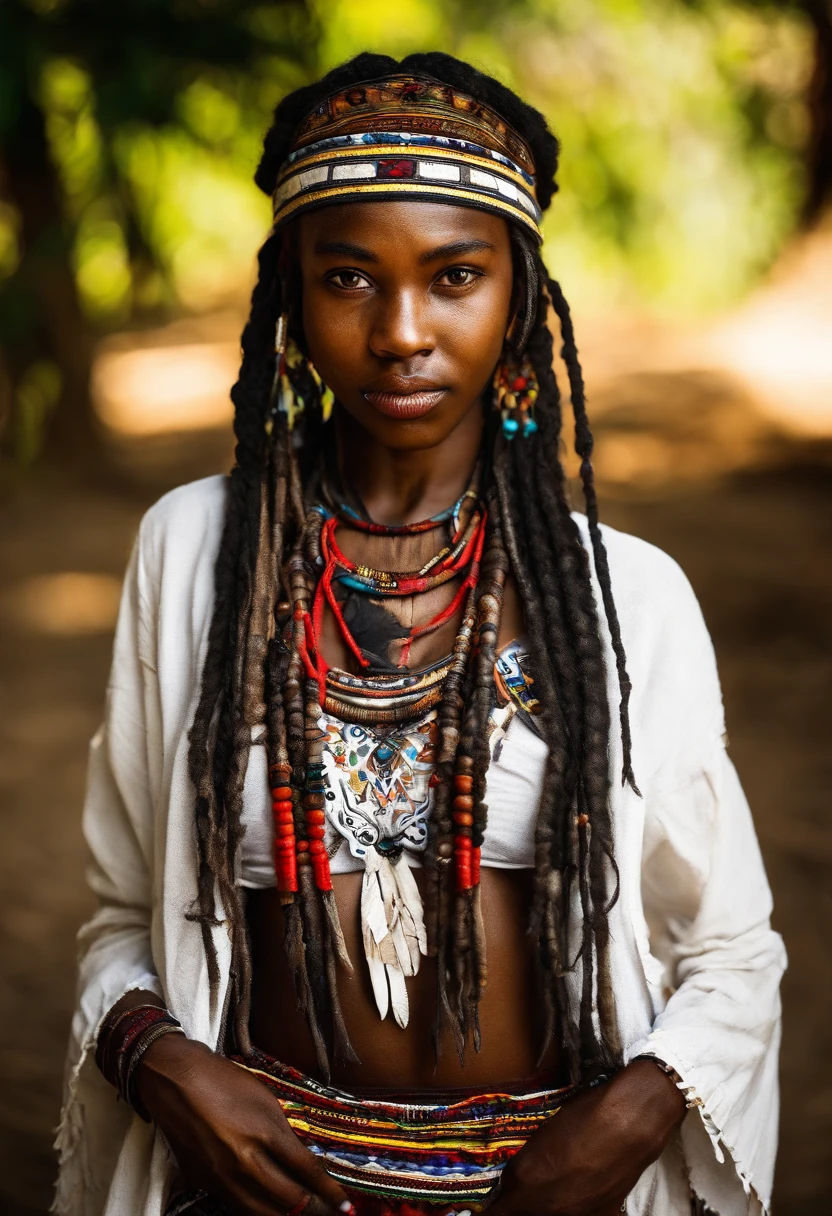 "(best quality,ultra-detailed),Ebony skin,Ebony skinned female:1.1,beautiful detailed eyes,beautiful detailed lips,white dreadlocks,thicc,tribal warrior outfit,not too strong looking,confident posture,exotic background,sharp focus,vivid colors