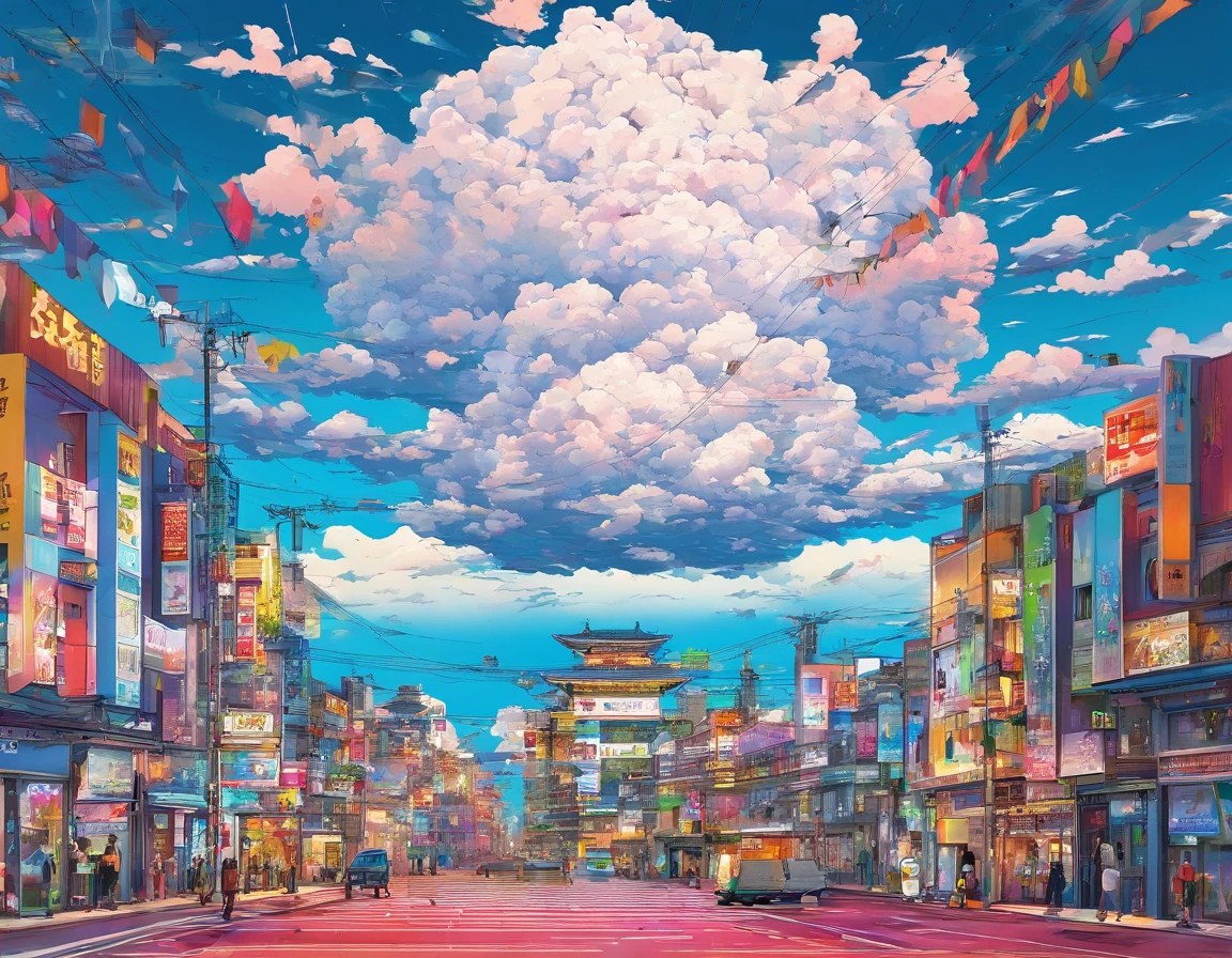 Rt baja. de un angulo poco elevado ciudad, Annual lighting exhibition, Nubes Cumulonimbus, volumetric illumination, cielo grande