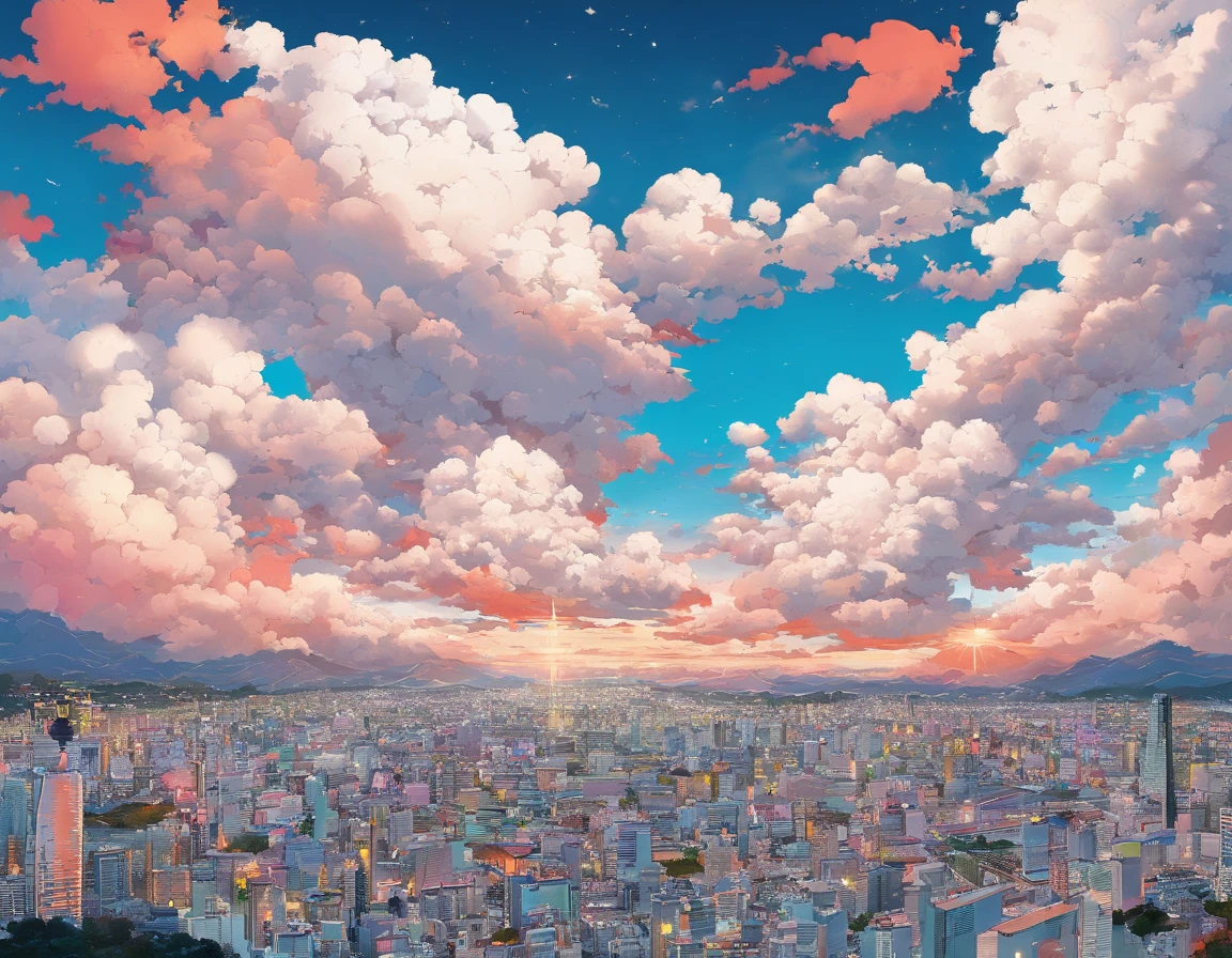 Rt baja. de un angulo poco elevado ciudad, Annual lighting exhibition, Nubes Cumulonimbus, volumetric illumination, cielo grande