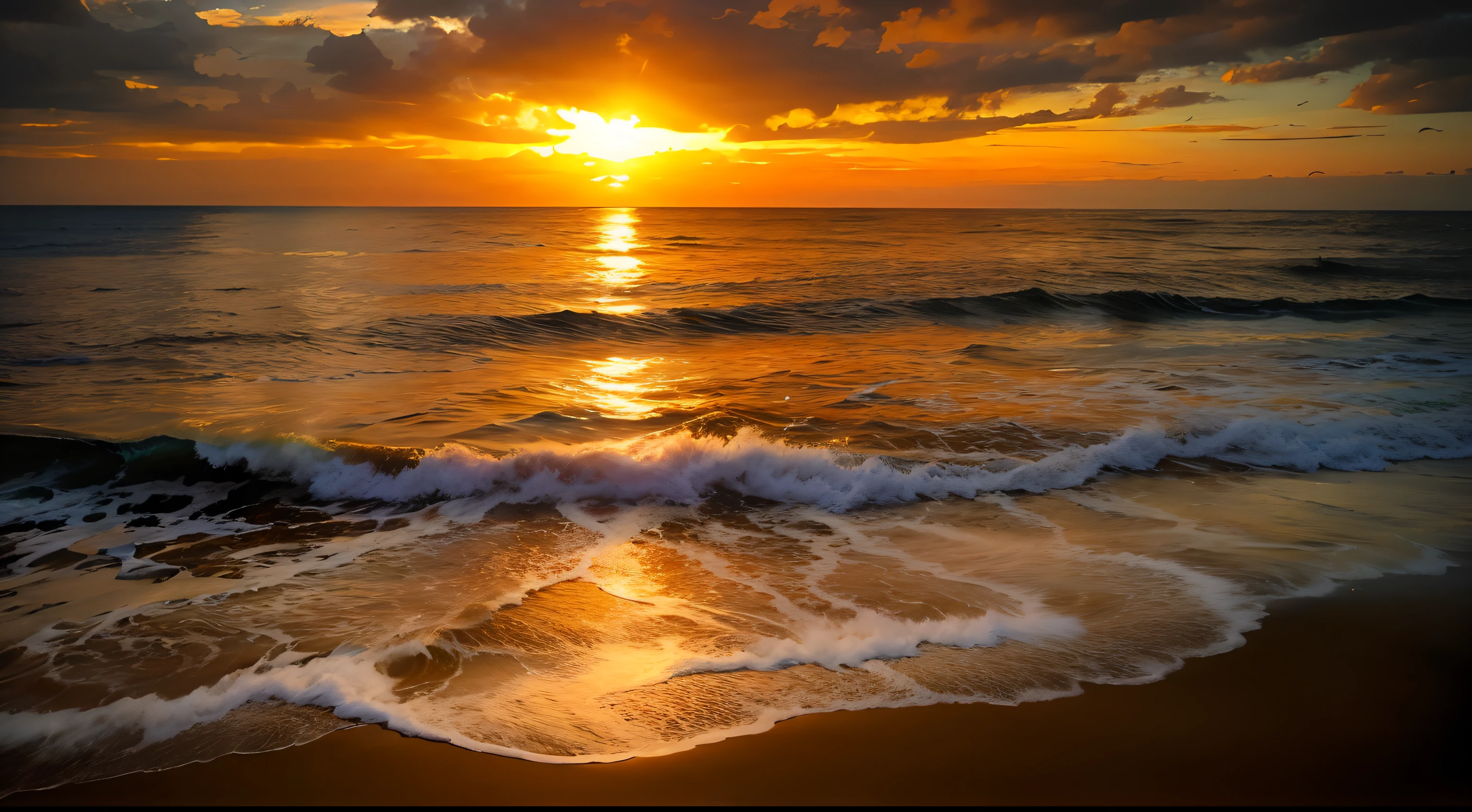 An absolutely mesmerizing sunset over the beach, with a blend of oranges, pinks, and yellows filling the sky. Crystal-clear waters of the sea gently kissing the shore, with sandy white beach stretching far and wide. The scene is dynamic and breathtaking, with seagulls soaring high in the sky and gently swaying palm trees. Take in the calming atmosphere and let the peacefulness wash over you.