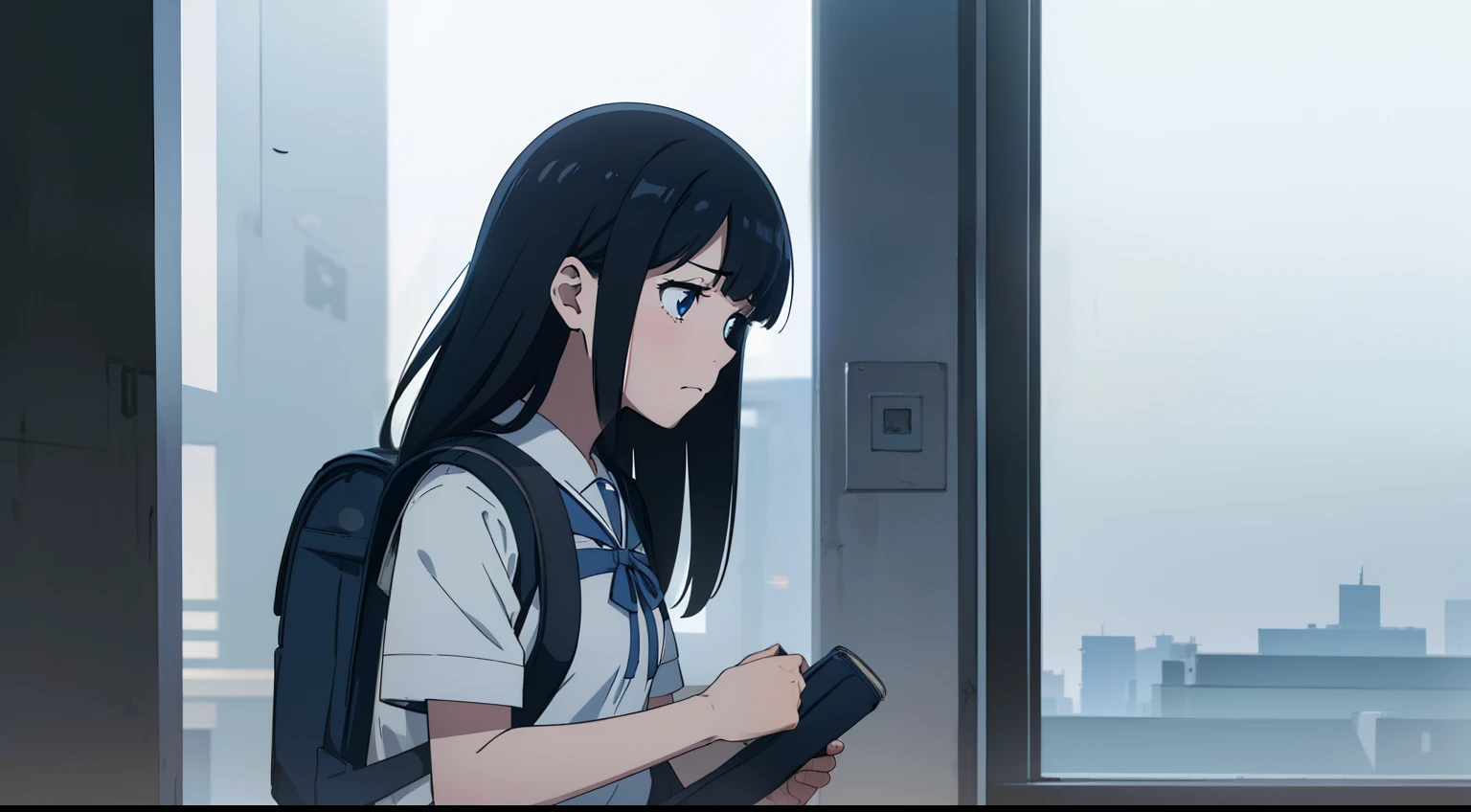 ((8k, raw photo, hd, hq)), Chiaroscuro Film, sadness, a student girl, blue and white seifuku, long hair, sad, ((holding a backpack)), submission. Sketch
