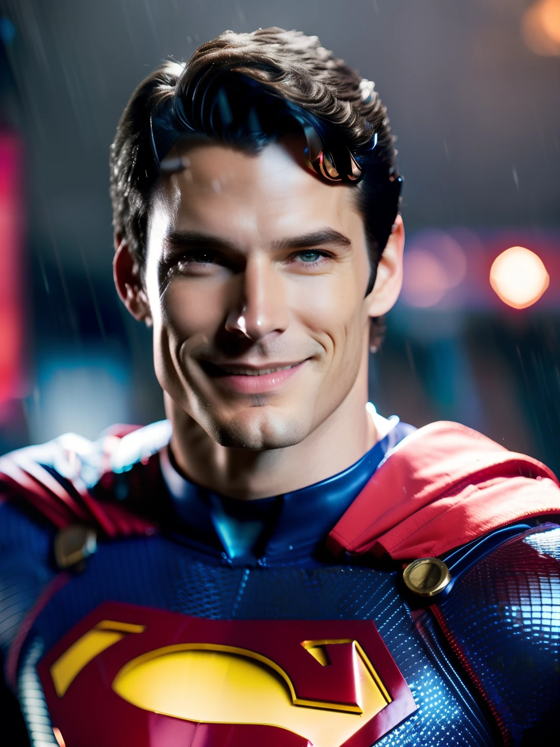 Christopher Reeve as Superman award-winning photo of a man, Blue and red superhero suit, ((big red letter J printed on center of suit)), square jawline, asymmetric face, in rain, smiling, red eyes, purple light, 80mm, bokeh, mass effect, close up, fking_cinema_v2, 8k, cinematic