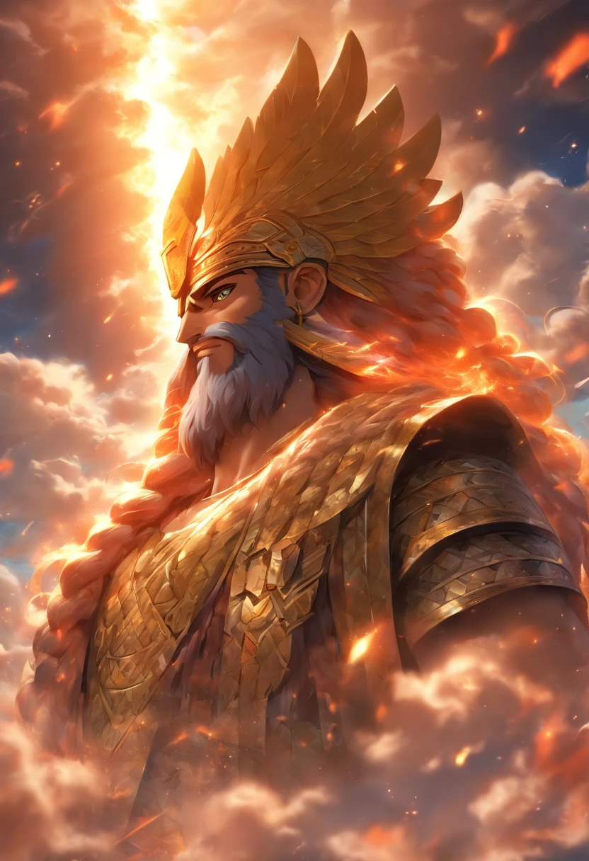 (((ANU))) best quality, ultra-high resolution, 4K detailed CG, masterpiece, Sumerian God, horn, clouds, Sumerian clothing, Sumerian mythology, ((God of heaven)), Sumerian image, aesthetic, screen-centered, full body