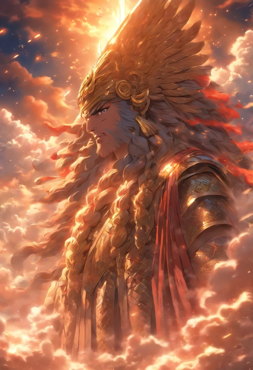 (((ANU))) best quality, ultra-high resolution, 4K detailed CG, masterpiece, Sumerian God, horn, clouds, Sumerian clothing, Sumerian mythology, ((God of heaven)), Sumerian image, aesthetic, screen-centered, full body