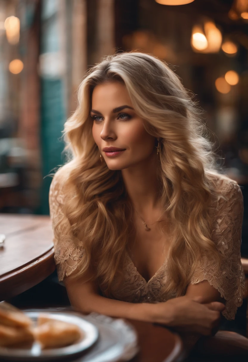 Pretty woman in a café sitting on a blonde table and long hair