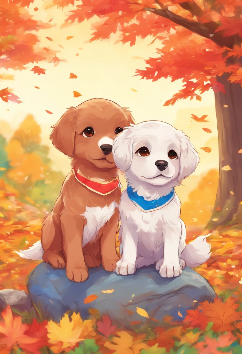 Two super cute blue-eyed puppies playing, Maple Red,, Beautiful scenery, Autumn, Red maple flying, a picture