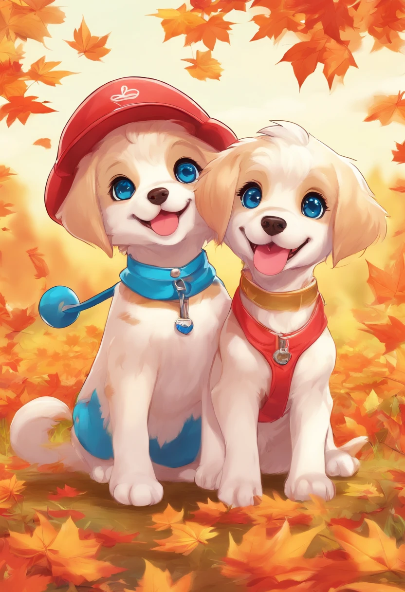 Two super cute blue-eyed puppies playing, Maple Red,, Beautiful scenery, Autumn, Red maple flying, a picture
