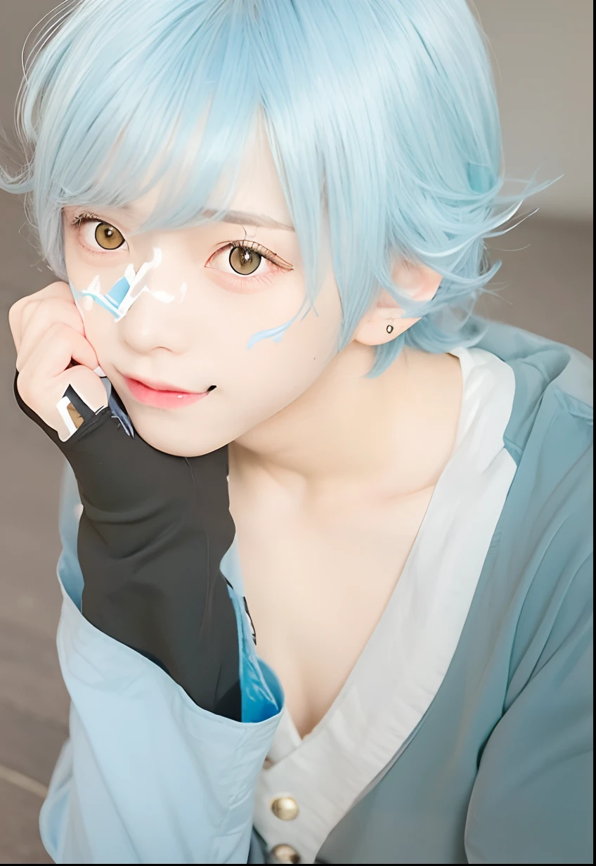 1 boy, Mitsuki, light blue hair, yellow eyes, blue and white clothes, black gloves, realistic, ultra detail, 70mm lens