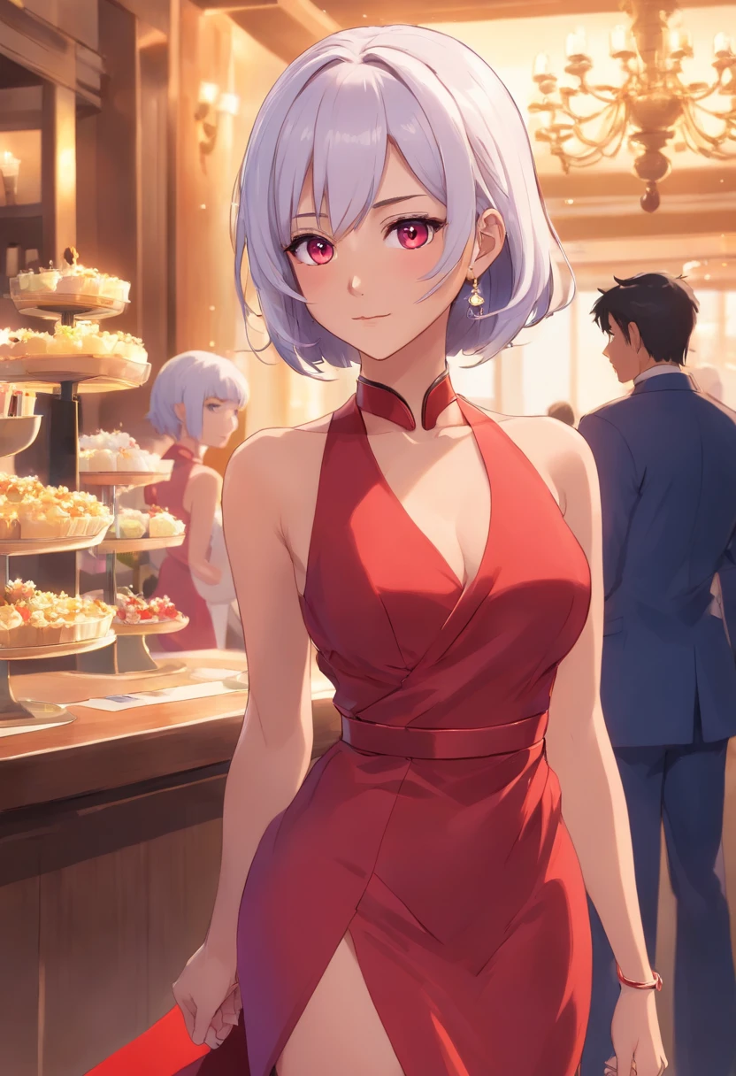 "MILF woman, straight or ironed white hair, who is a noble of Filipino descent, violet eyes, brown skin, wearing an elegant and luxurious red dress that accentuates her beauty. Place her at a high-class party, wearing Hanafuda earrings. Her expression is serious and confident."