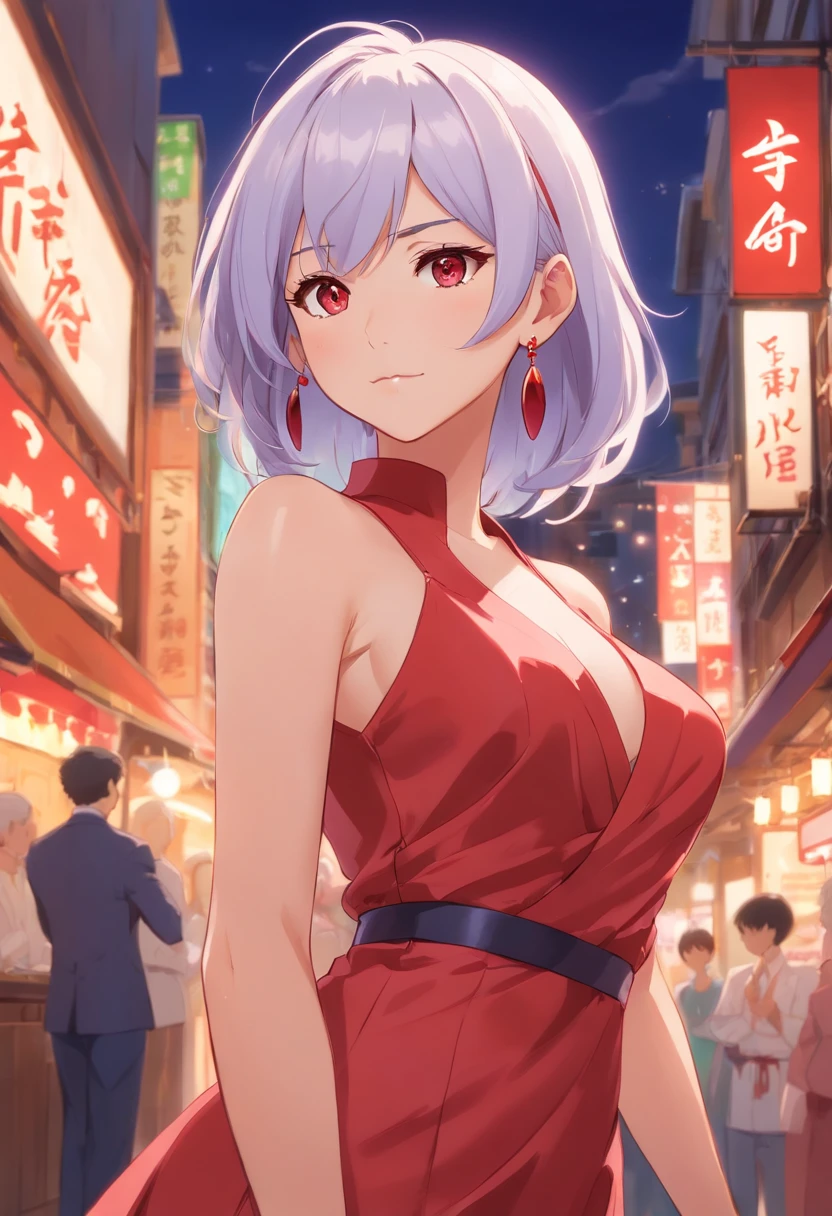 "MILF woman, straight or ironed white hair, who is a noble of Filipino descent, violet eyes, brown skin, wearing an elegant and luxurious red dress that accentuates her beauty. Place her at a high-class party, wearing Hanafuda earrings. Her expression is serious and confident."