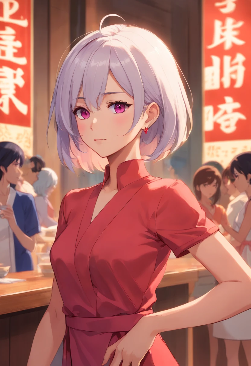 "MILF woman, straight or ironed white hair, who is a noble of Filipino descent, violet eyes, brown skin, wearing an elegant and luxurious red dress that accentuates her beauty. Place her at a high-class party, wearing Hanafuda earrings. Her expression is serious and confident."