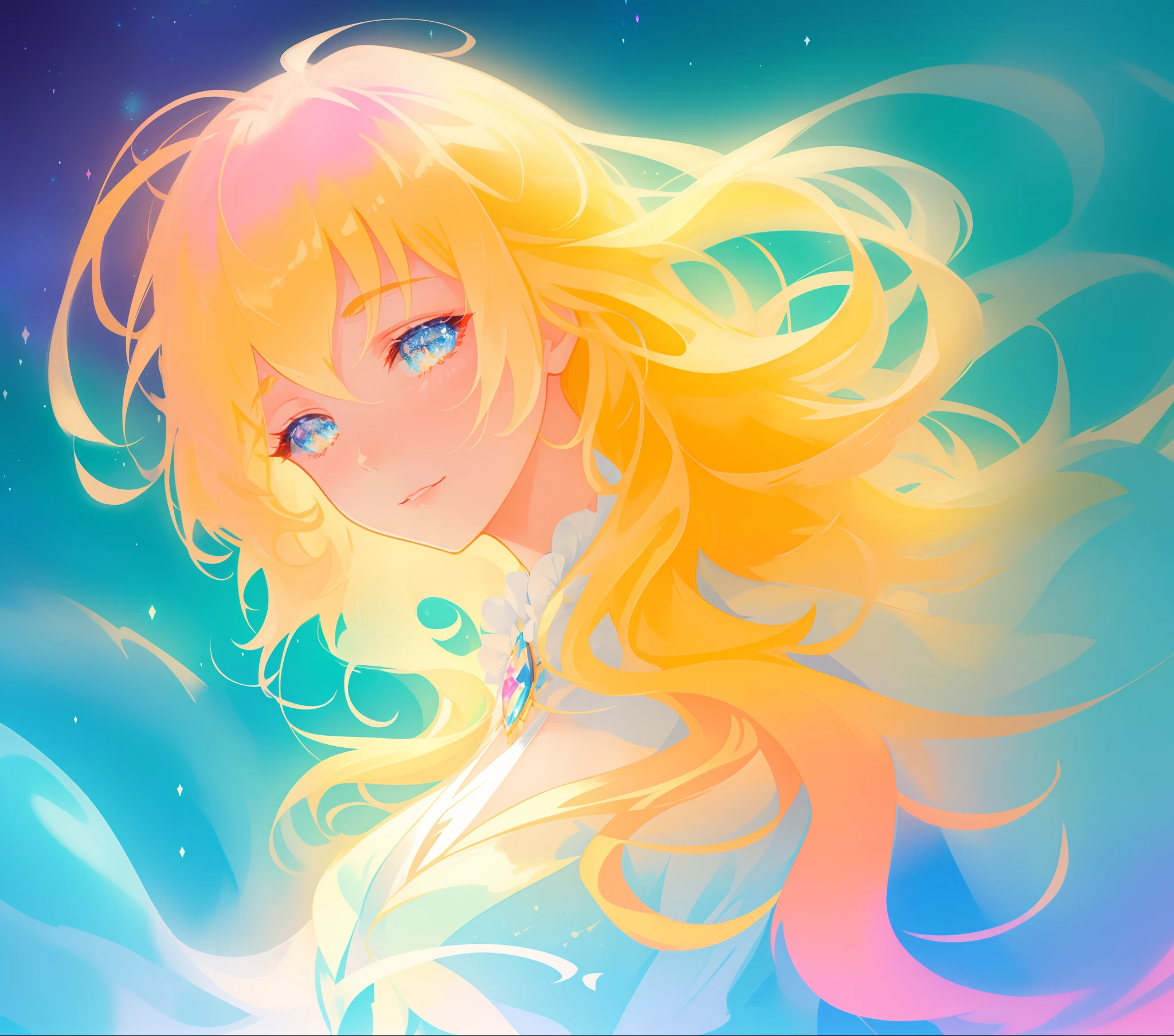 beautiful girl, flowing white gown, vibrant pastel colors, (colorful), magical lights, long flowing golden hair, inspired by Glen Keane, inspired by Lois van Baarle, disney art style, by Lois van Baarle, glowing aura around her, by Glen Keane, jen bartel, glowing lights! digital painting, flowing glowing hair, glowing flowing hair, beautiful digital illustration, fantasia background, whimsical, magical, fantasy, beautiful face, ((masterpiece, best quality)), intricate details, highly detailed, sharp focus, 8k resolution, sparkling detailed eyes, liquid watercolor