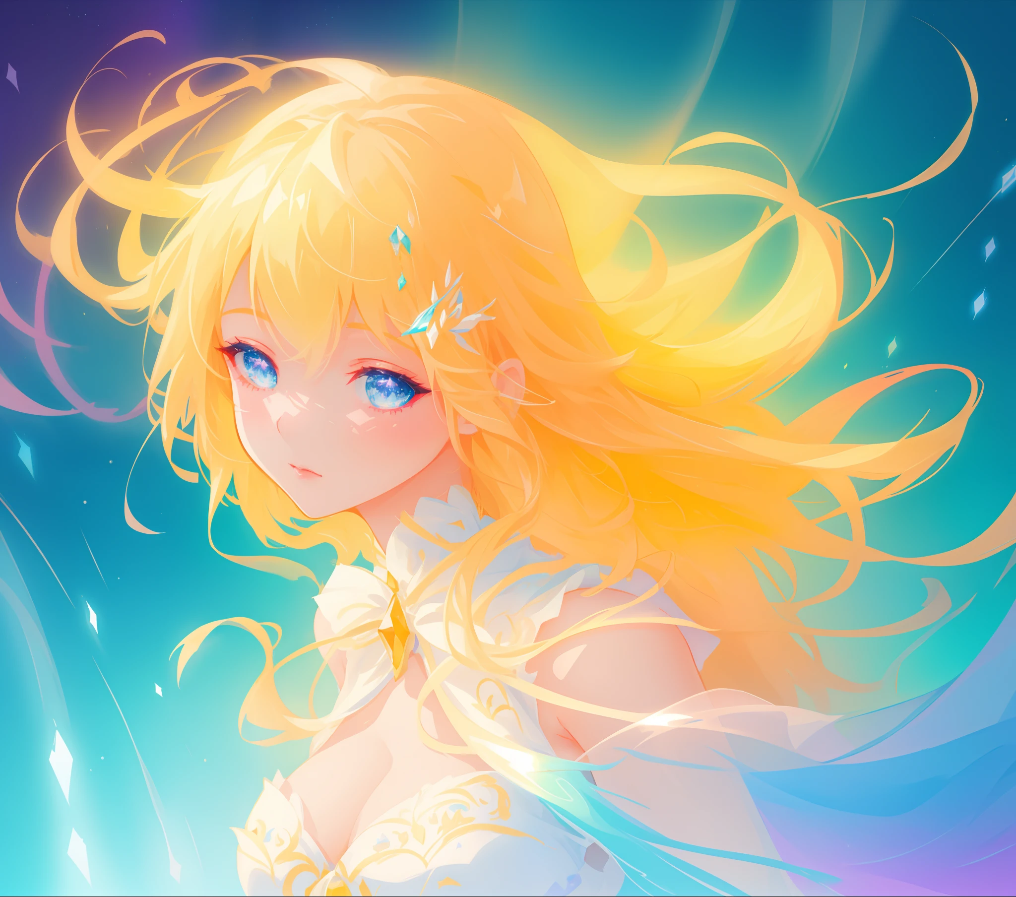 beautiful girl, flowing white gown, vibrant pastel colors, (colorful), magical lights, long flowing golden hair, inspired by Glen Keane, inspired by Lois van Baarle, disney art style, by Lois van Baarle, glowing aura around her, by Glen Keane, jen bartel, glowing lights! digital painting, flowing glowing hair, glowing flowing hair, beautiful digital illustration, fantasia background, whimsical, magical, fantasy, beautiful face, ((masterpiece, best quality)), intricate details, highly detailed, sharp focus, 8k resolution, sparkling detailed eyes, liquid watercolor