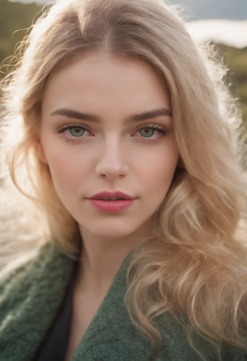 20 ans, Fille espagnole, cheveux blonds, big lips , Yeux verts de mer, ultra realist, 8k quality, pink lips, full lips, Chiffre de sablier, vu de face