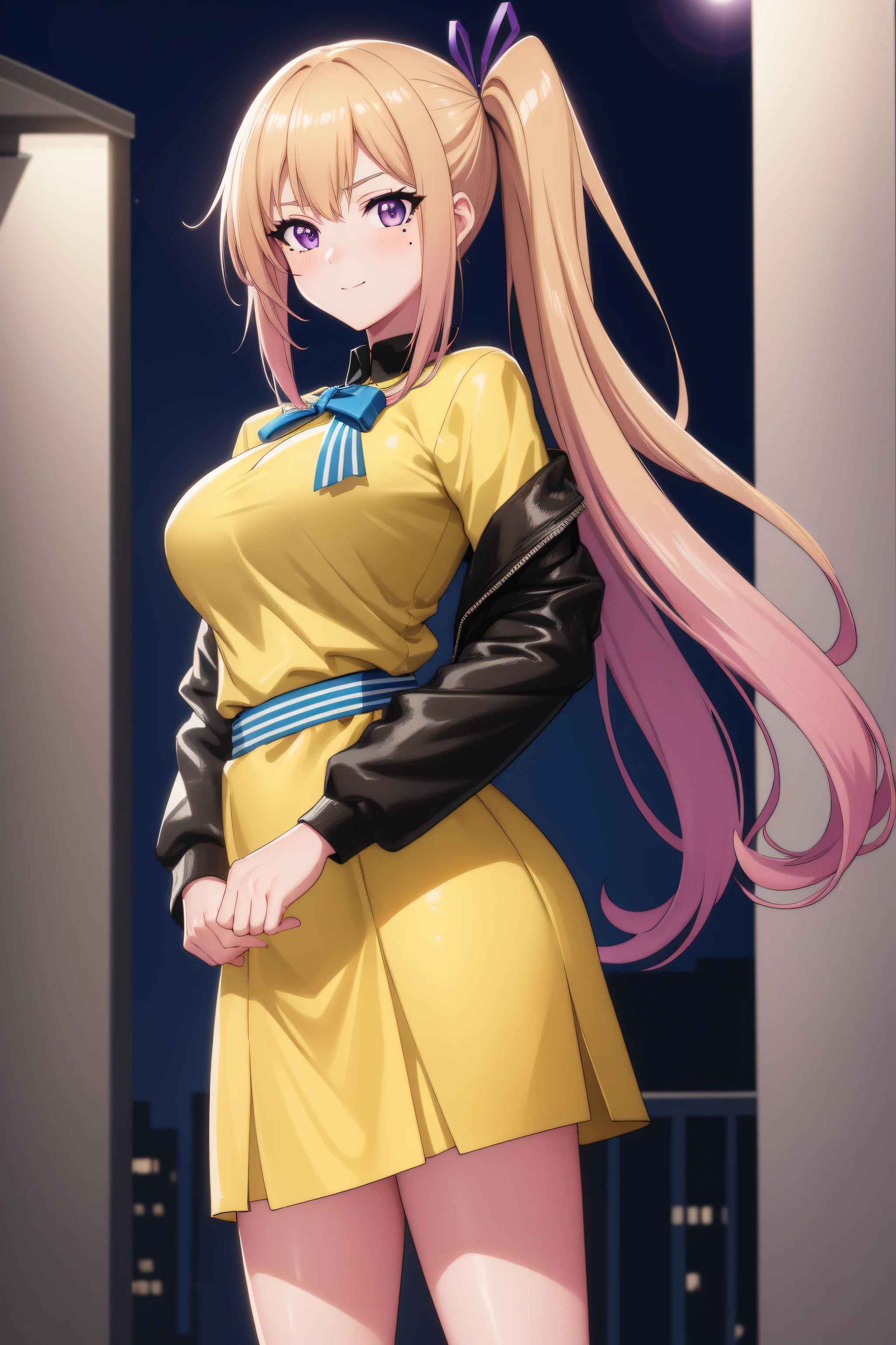 (Night:1.7), Cyberpunk_CityView, Before Window,
(Standing:1.7) at attention,
Yellow and green shirt,White_Long_skirt,long sleeves, bare legs, 
mai kawakami, blonde hair, hair ribbon, long hair, mole, mole under eye, ribbon, side ponytail, (purple eyes:1.2), 
1 girl, 20yo,young female,Beautiful Finger,Beautiful long legs,Beautiful body,Beautiful Nose,Beautiful character design, perfect eyes, perfect face,
looking at viewer, (innocent_big_eyes:1.0),(expressionless:1.3),seductive anime girl.teasing smile, 
NSFW,official art,extremely detailed CG unity 8k wallpaper, perfect lighting,Colorful, Bright_Front_face_Lighting,
(masterpiece:1.0),(best_quality:1.0), ultra high res,4K,ultra-detailed,
photography, 8K, HDR, highres, absurdres:1.2, Kodak portra 400, film grain, blurry background, bokeh:1.2, lens flare, (vibrant_color:1.2)
(Beautiful,medium_Breasts:1.4), (beautiful_face:1.5),(narrow_waist),(perfect hands, perfect anatomy)