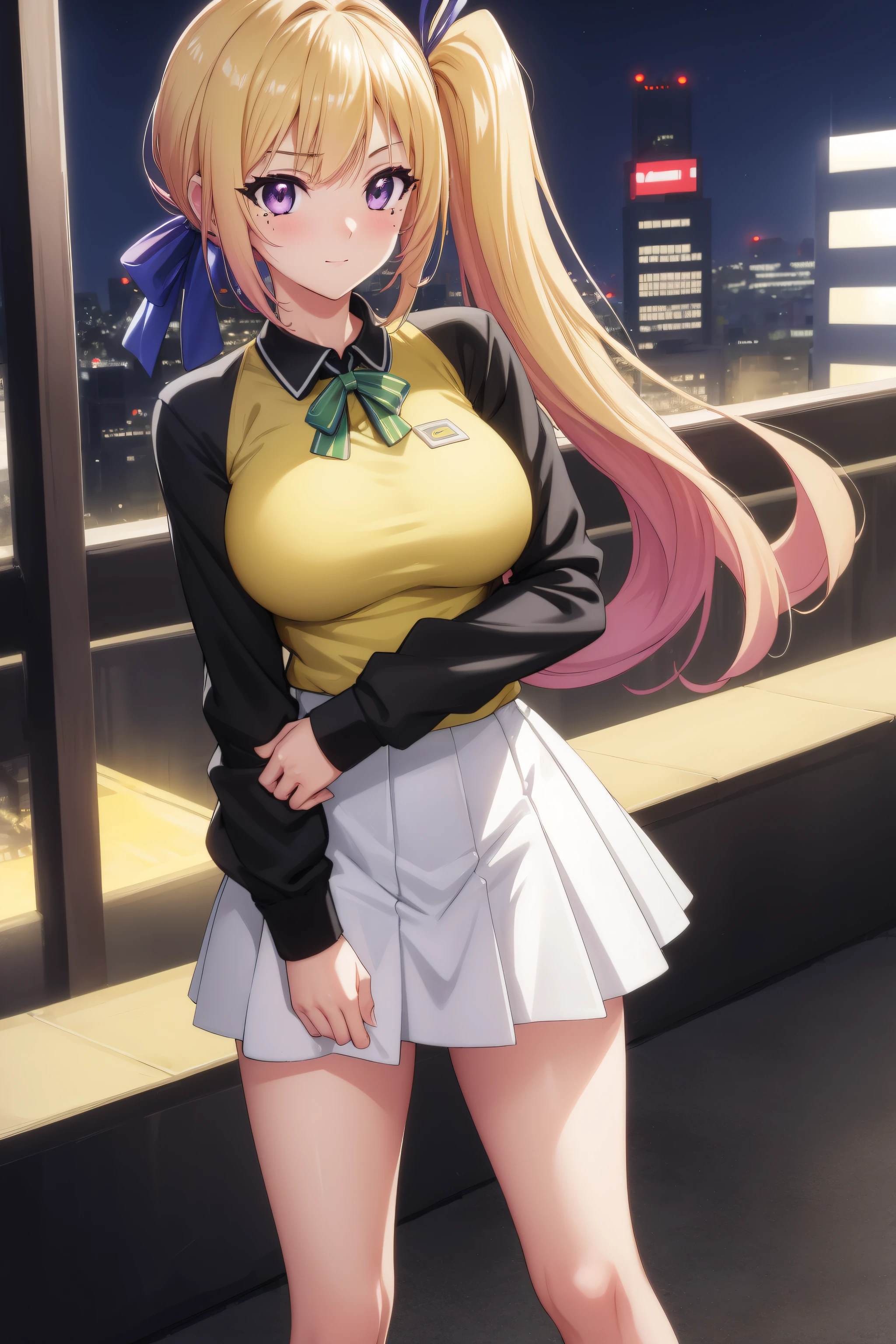 (Night:1.7), Cyberpunk_CityView, Before Window,
(Standing:1.7) at attention,
Yellow and green shirt,White_Long_skirt,long sleeves, bare legs, 
mai kawakami, blonde hair, hair ribbon, long hair, mole, mole under eye, ribbon, side ponytail, (purple eyes:1.2), 
1 girl, 20yo,young female,Beautiful Finger,Beautiful long legs,Beautiful body,Beautiful Nose,Beautiful character design, perfect eyes, perfect face,
looking at viewer, (innocent_big_eyes:1.0),(expressionless:1.3),seductive anime girl.teasing smile, 
NSFW,official art,extremely detailed CG unity 8k wallpaper, perfect lighting,Colorful, Bright_Front_face_Lighting,
(masterpiece:1.0),(best_quality:1.0), ultra high res,4K,ultra-detailed,
photography, 8K, HDR, highres, absurdres:1.2, Kodak portra 400, film grain, blurry background, bokeh:1.2, lens flare, (vibrant_color:1.2)
(Beautiful,medium_Breasts:1.4), (beautiful_face:1.5),(narrow_waist),(perfect hands, perfect anatomy)