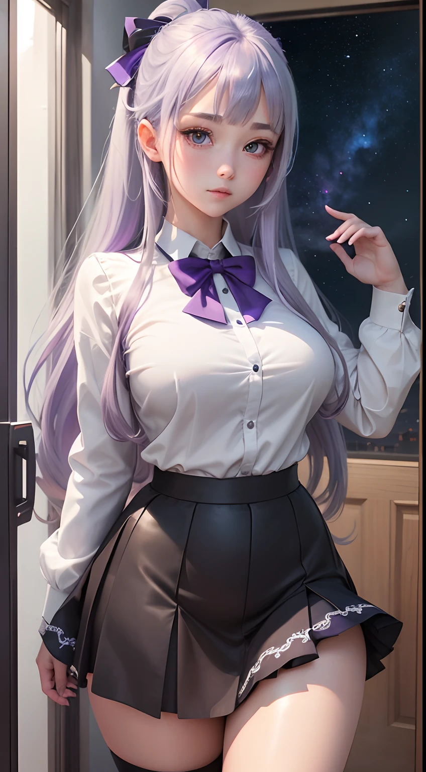 Best Quality, masutepiece,, Illustration, Wallpaper,1girl in, Solo, School uniform, White shirt, Black skirt, Bright purple-silver hair, Semi-long hair, Beautiful detailed girl, extremely detailed eye and face, Beautiful detailed eyes, Shy, natural_Lighting, Glow,NSFW, Clean sky, Looking at Viewer, Outdoors, nigh sky, Star (skyporn), lowfers, Black pantyhose, blue bowtie, Straight hair, Purple petals, Purple and blue flowers, Red pupil, Ponytail, Blue Ribbon,White hair, Thick_thighs thighs thighs thighs, Large breasts,knee sox,Open your crotch,a miniskirt,In her pretty room