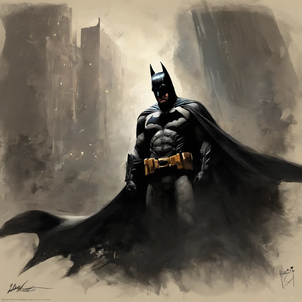 Batman debout , Portrait de Batman, Style de peinture de James Gurney, Portrait de Batman, Ordonnance, Par Craig Mullins, Lighting spotted by Craig Mullins, par Brian Thomas, par James Ryman, inspired by Jim Lee, par James Gurney, par Dave Dorman, Portrait Batman Ancienne Bible, par Chris Moore, par Robert Peak