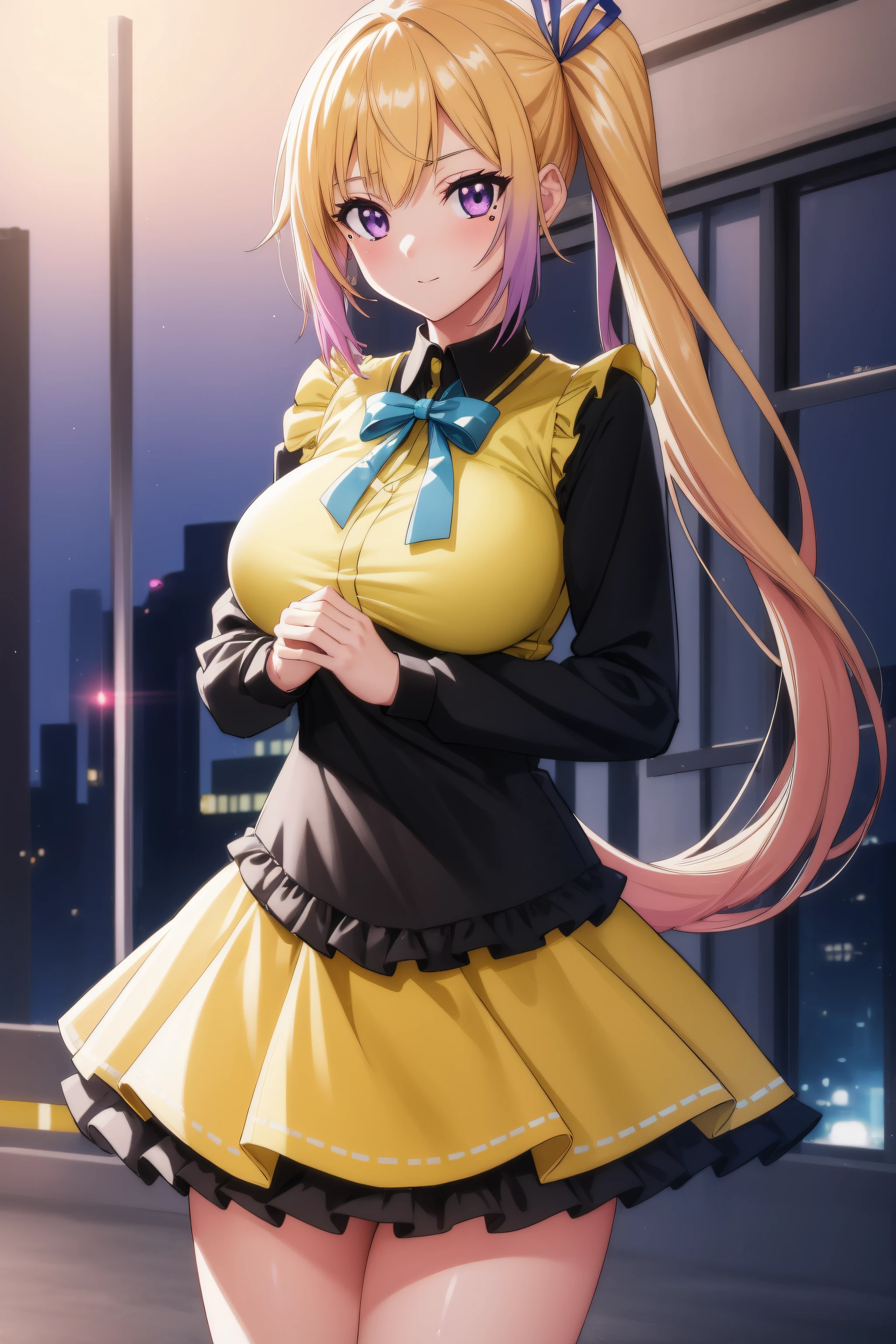 (Night:1.7), Cyberpunk_CityView, Before Window,
(Standing:1.7) at attention,
Yellow and green shirt,White_Long_skirt,long sleeves, bare legs, 
mai kawakami, blonde hair, hair ribbon, long hair, mole, mole under eye, ribbon, side ponytail, (purple eyes:1.2), 
1 girl, 20yo,young female,Beautiful Finger,Beautiful long legs,Beautiful body,Beautiful Nose,Beautiful character design, perfect eyes, perfect face,
looking at viewer, (innocent_big_eyes:1.0),(expressionless:1.3),seductive anime girl.teasing smile, 
NSFW,official art,extremely detailed CG unity 8k wallpaper, perfect lighting,Colorful, Bright_Front_face_Lighting,
(masterpiece:1.0),(best_quality:1.0), ultra high res,4K,ultra-detailed,
photography, 8K, HDR, highres, absurdres:1.2, Kodak portra 400, film grain, blurry background, bokeh:1.2, lens flare, (vibrant_color:1.2)
(Beautiful,medium_Breasts:1.4), (beautiful_face:1.5),(narrow_waist),(perfect hands, perfect anatomy)