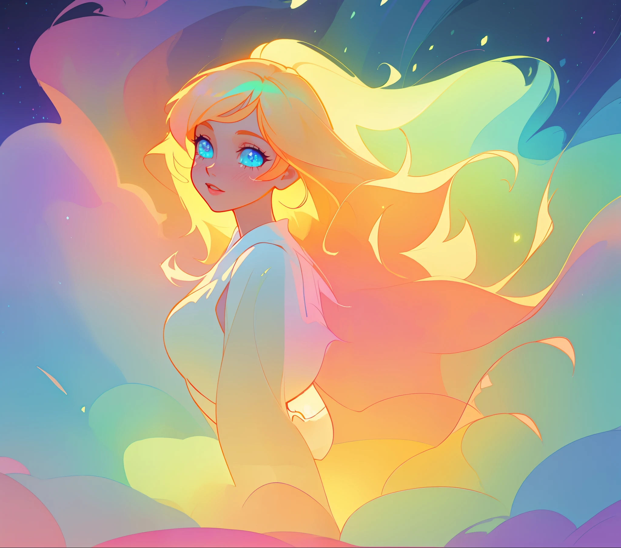 beautiful girl, flowing white gown, vibrant pastel colors, (colorful), magical lights, long flowing golden hair, inspired by Glen Keane, inspired by Lois van Baarle, disney art style, by Lois van Baarle, glowing aura around her, by Glen Keane, jen bartel, glowing lights! digital painting, flowing glowing hair, glowing flowing hair, beautiful digital illustration, fantasia background, whimsical, magical, fantasy, beautiful face, ((masterpiece, best quality)), intricate details, highly detailed, sharp focus, 8k resolution, sparkling detailed eyes, liquid watercolor