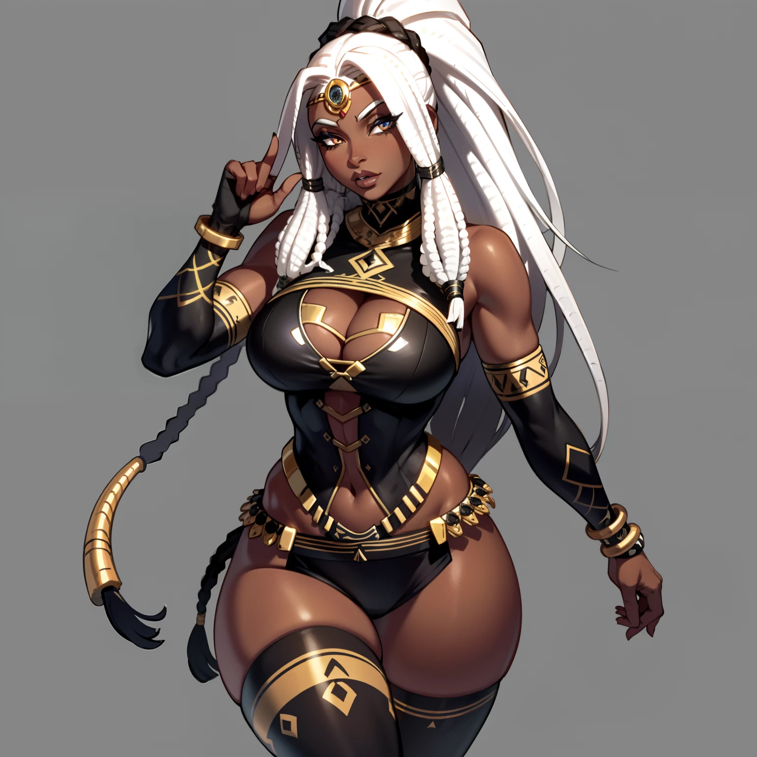 "(best quality,ultra-detailed),Ebony skin,Ebony skinned female:1.1,beautiful detailed eyes,beautiful detailed lips,white dreadlocks,thicc,tribal warrior outfit,not too strong looking,confident posture,exotic background,sharp focus,vivid colors"