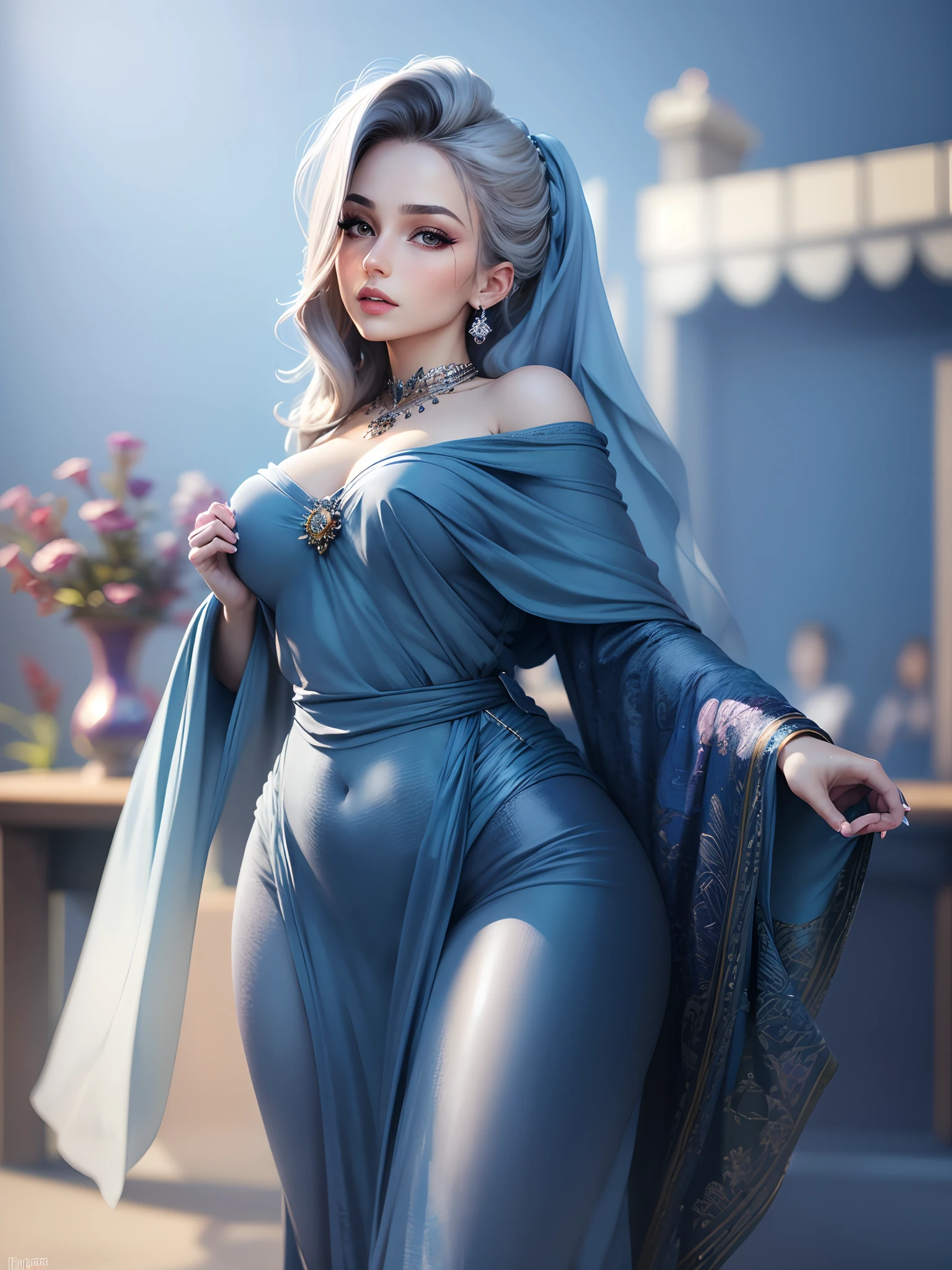 (best quality,4k,8k,highres,masterpiece:1.2), ultra-detailed, (realistic,photorealistic,photo-realistic:1.37), sexy woman, elegant hairdo, sari, sapphire necklace, pale skin, light eyes, blushing, amazing body, hourglass figure, hands resting on hips, vivid colors, portraits, studio lighting, sharp focus, beautiful detailed eyes, beautiful detailed lips, longeyelashes