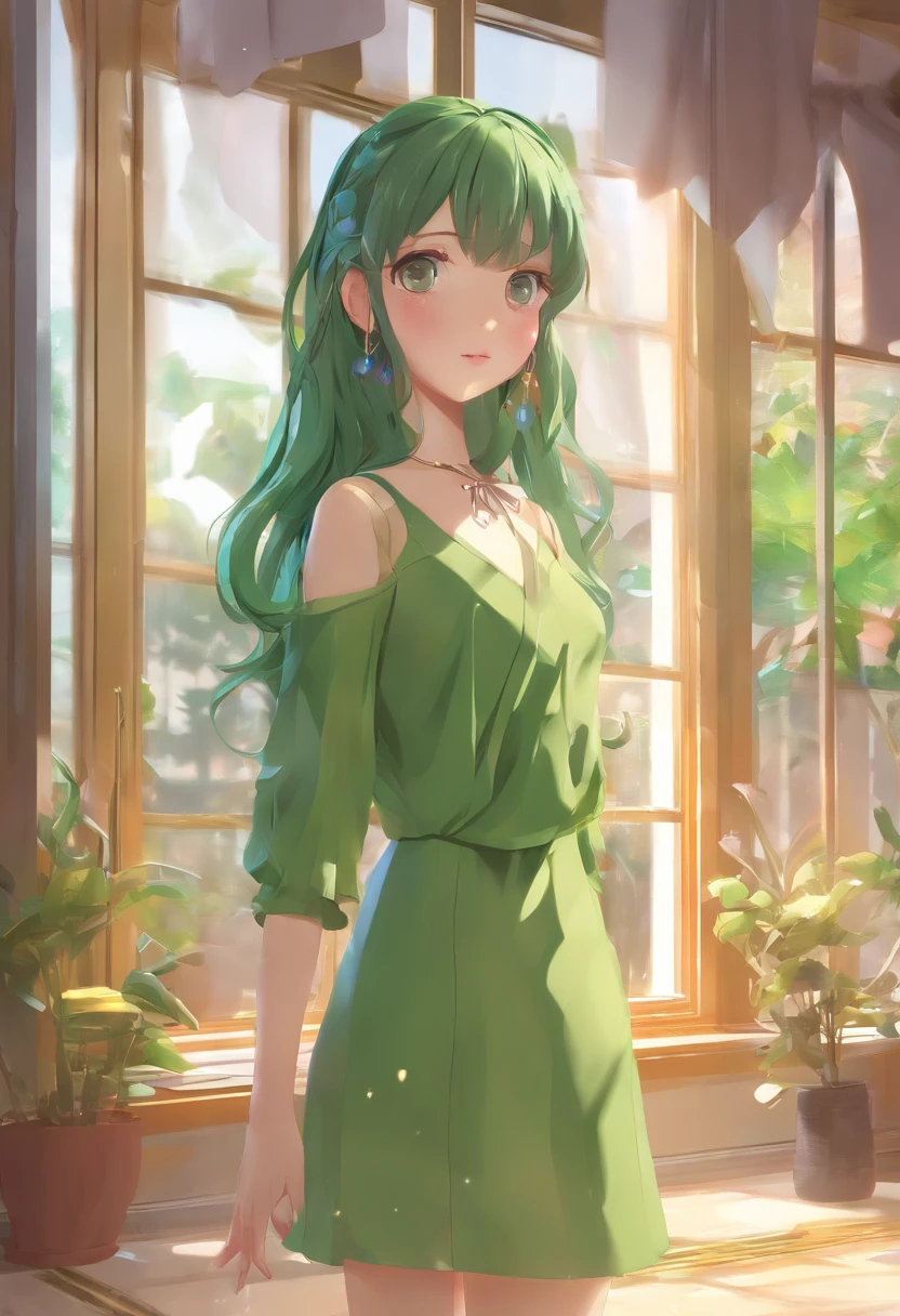 anime girl in green dress standing in front of a window, a character portrait by Kamisaka Sekka, pixiv, shin hanga, in dress, made with anime painter studio, painted in anime painter studio, in an anime style, marin kitagawa fanart, small curvy loli anime style, cute anime waifu in a nice dress