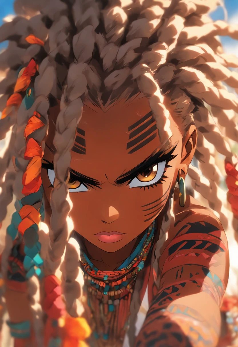 "(best quality,ultra-detailed),Ebony skin,Ebony skinned female:1.1,beautiful detailed eyes,beautiful detailed lips,white dreadlocks,thicc,tribal warrior outfit,not too strong looking,confident posture,exotic background,sharp focus,vivid colors" full body