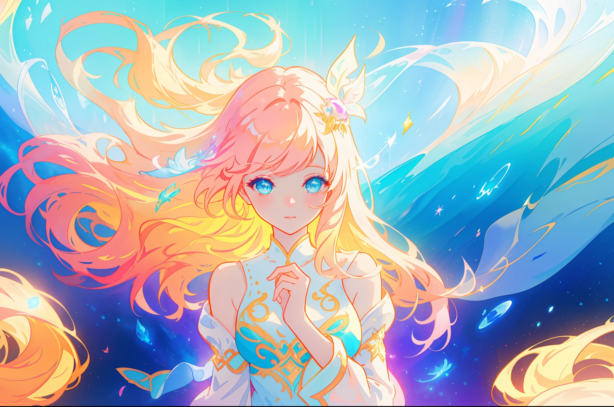beautiful girl, flowing white dress, vibrant pastel colors, (colorful), magical lights, long flowing golden hair, inspired by Glen Keane, inspired by Lois van Baarle, disney art style, by Lois van Baarle, glowing aura around her, by Glen Keane, jen bartel, glowing lights! digital painting, flowing glowing hair, glowing flowing hair, beautiful digital illustration, fantasia background, whimsical, magical, fantasy, beautiful face, ((masterpiece, best quality)), intricate details, highly detailed, sharp focus, 8k resolution, sparkling detailed eyes, liquid watercolor