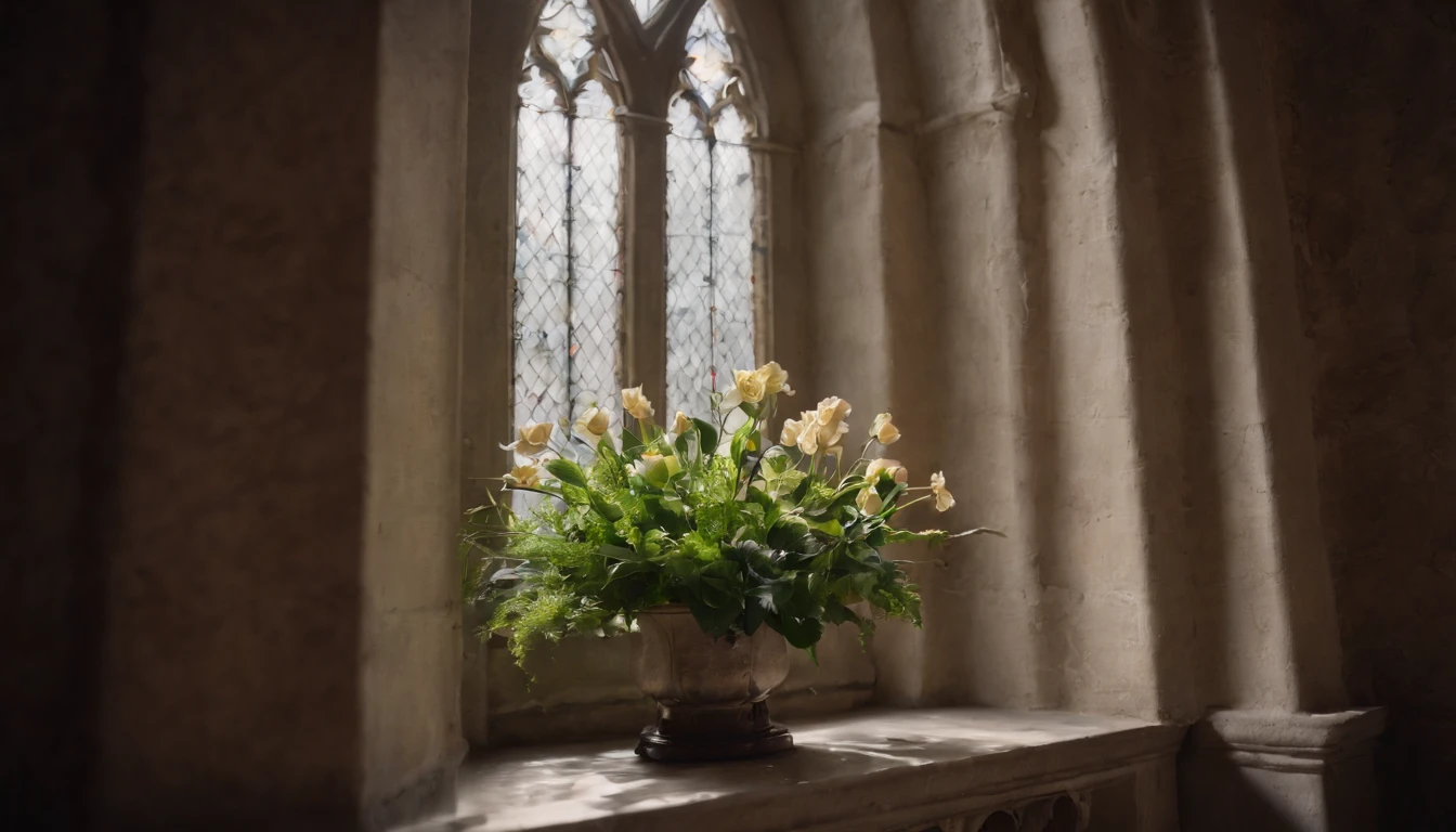 View of a window with plants in front of a vase, Beautiful window photos, Beautiful atmospheric details, Amazing Vision Background, Gothic interior, Flower setting, Open Window Background IB, Gothic church background, Colorful window backlight, gothic ambiance, Atmospheric fantasy setting, window, Beautiful matte painting, Gothic Mansion Room (Gothic Mansion Room), Big window, Gothic background