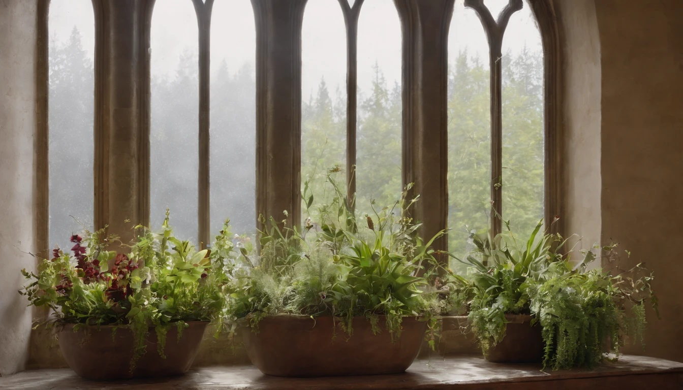 View of a window with plants in front of a vase, Beautiful window photos, Beautiful atmospheric details, Amazing Vision Background, Gothic interior, Flower setting, Open Window Background IB, Gothic church background, Colorful window backlight, gothic ambiance, Atmospheric fantasy setting, window, Beautiful matte painting, Gothic Mansion Room (Gothic Mansion Room), Big window, Gothic background