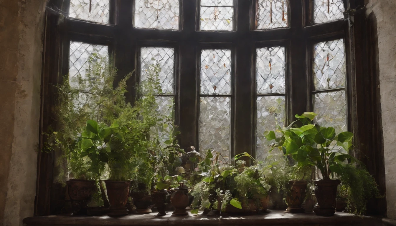 View of a window with plants in front of a vase, Beautiful window photos, Beautiful atmospheric details, Amazing Vision Background, Gothic interior, Flower setting, Open Window Background IB, Gothic church background, Colorful window backlight, gothic ambiance, Atmospheric fantasy setting, window, Beautiful matte painting, Gothic Mansion Room (Gothic Mansion Room), Big window, Gothic background