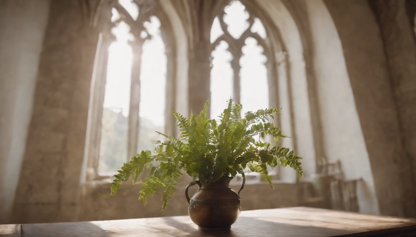 View of a window with plants in front of a vase, Beautiful window photos, Beautiful atmospheric details, Amazing Vision Background, Gothic interior, Flower setting, Open Window Background IB, Gothic church background, Colorful window backlight, gothic ambiance, Atmospheric fantasy setting, window, Beautiful matte painting, Gothic Mansion Room (Gothic Mansion Room), Big window, Gothic background