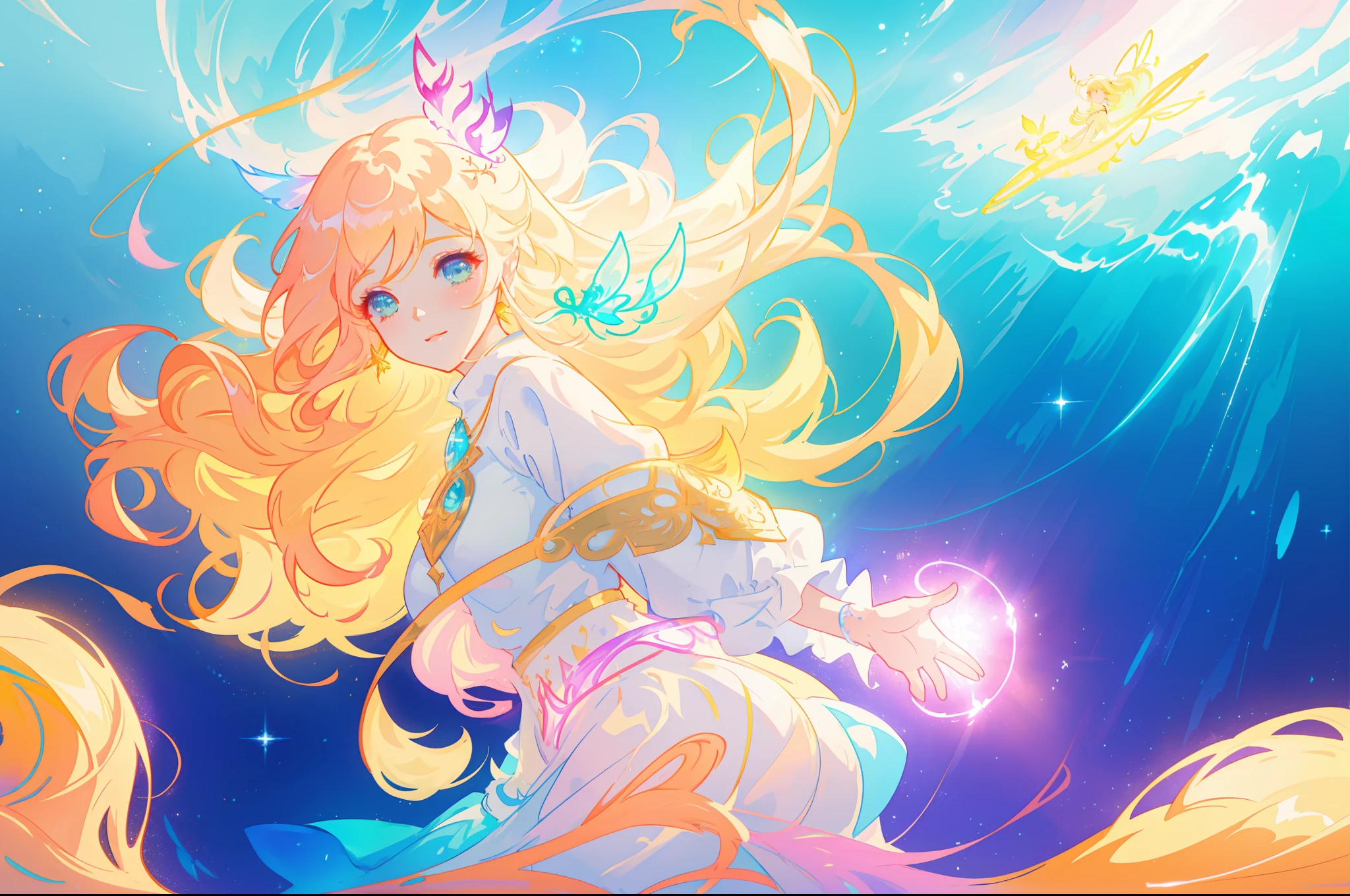 beautiful girl, flowing white dress, vibrant pastel colors, (colorful), magical lights, long flowing golden hair, inspired by Glen Keane, inspired by Lois van Baarle, disney art style, by Lois van Baarle, glowing aura around her, by Glen Keane, jen bartel, glowing lights! digital painting, flowing glowing hair, glowing flowing hair, beautiful digital illustration, fantasia background, whimsical, magical, fantasy, beautiful face, ((masterpiece, best quality)), intricate details, highly detailed, sharp focus, 8k resolution, sparkling detailed eyes, liquid watercolor