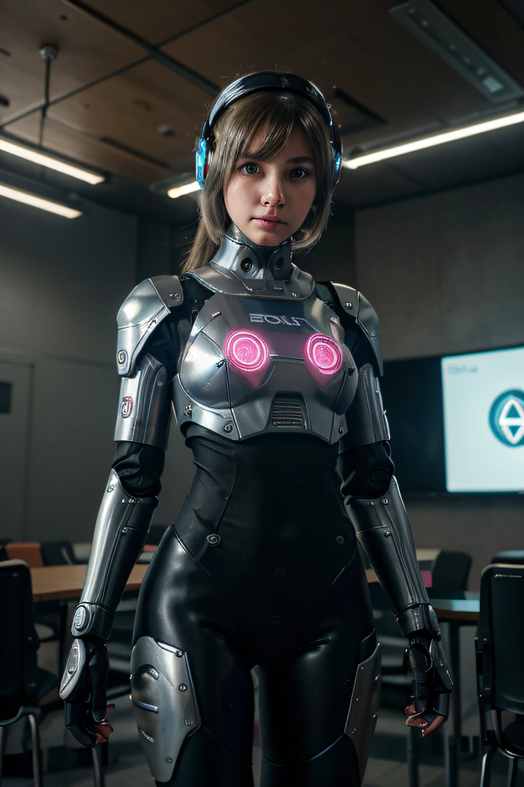 Robot femenino en un aula con estudiantes, cyber school girl, Girl in robotic suit, fully robotic!! girlish, integrated synthetic android, Cyborgs trabajando, The most advanced humanoid robot, movie still of a cool cyborg, Cyborg - Chica, Chica cyborg, Joven Cyborg, Robots cyborgs, future techwear, Cyborg.