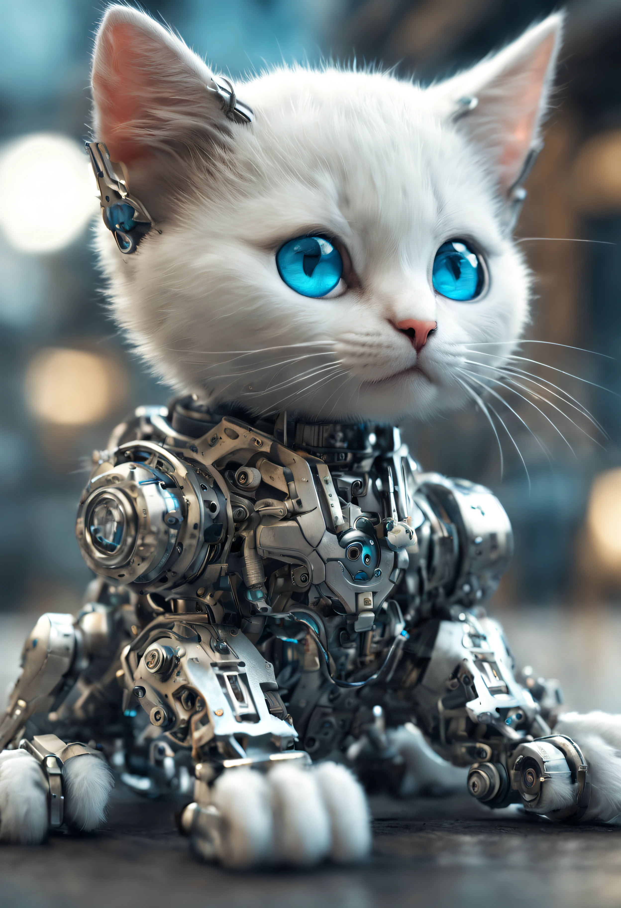 A cute white kitten with blue eyes, made of metal, robot, cyberpunk style, ((intricate details)), hdr, ((intricate details, super detailed)), cinematic footage, vignette