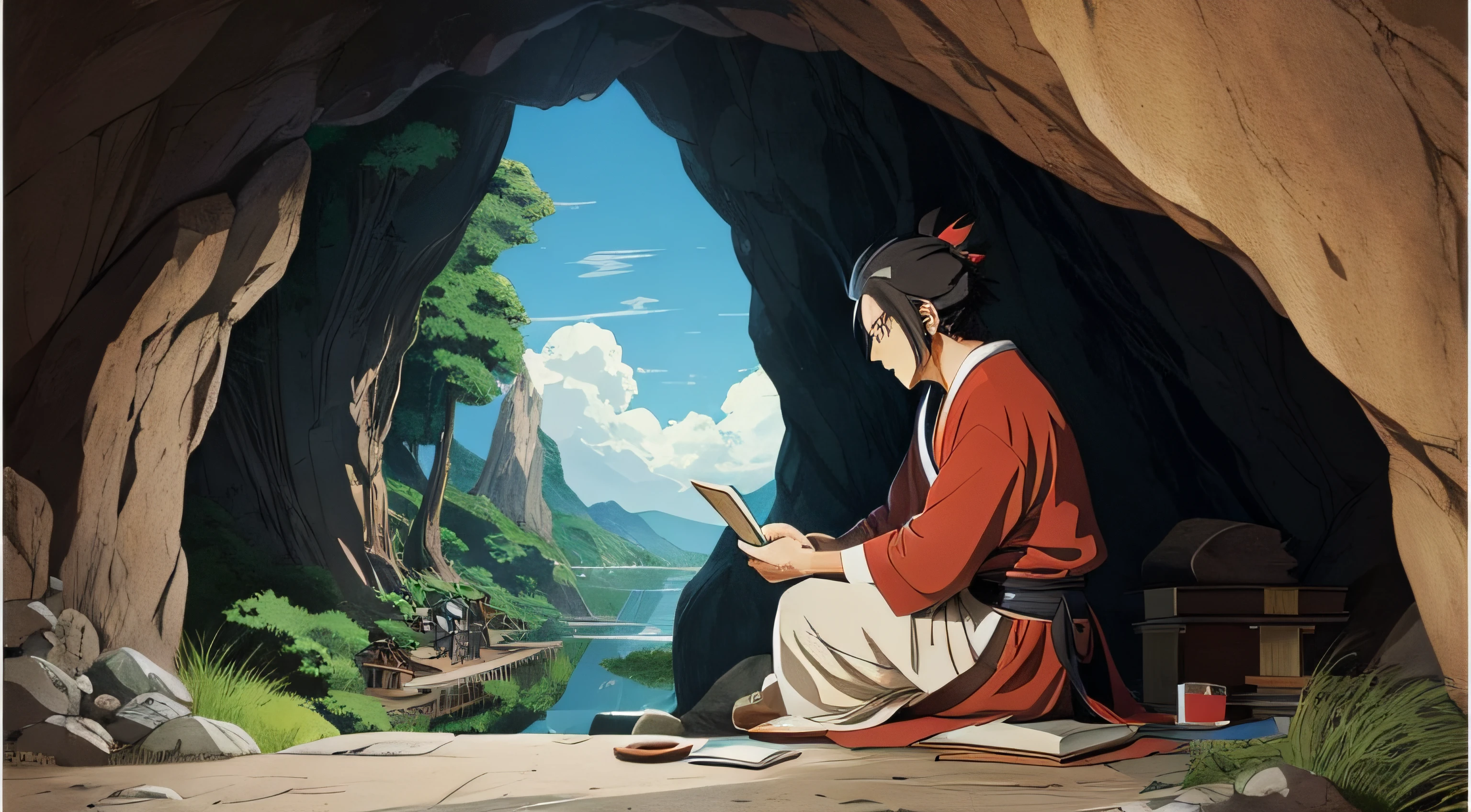 Miyamoto Musashi sitting on a rock inside a cave reading a book, manga style drawing, Studio Ghibli
