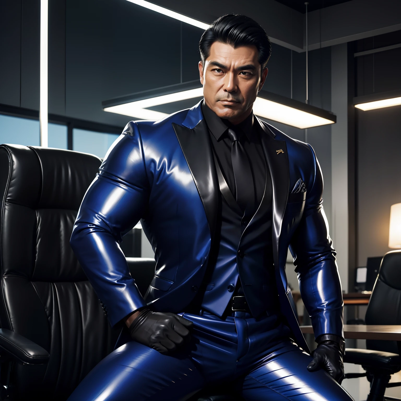 50 years old,daddy,shiny suit ,Dad sat on a chair,k hd,in the office,big muscle, gay ,black hair,asia face,masculine,strong man,the boss is,handsome,sex,leather gloves,lecherous dad,look straight ahead,dad is handsome,dad is a  dad