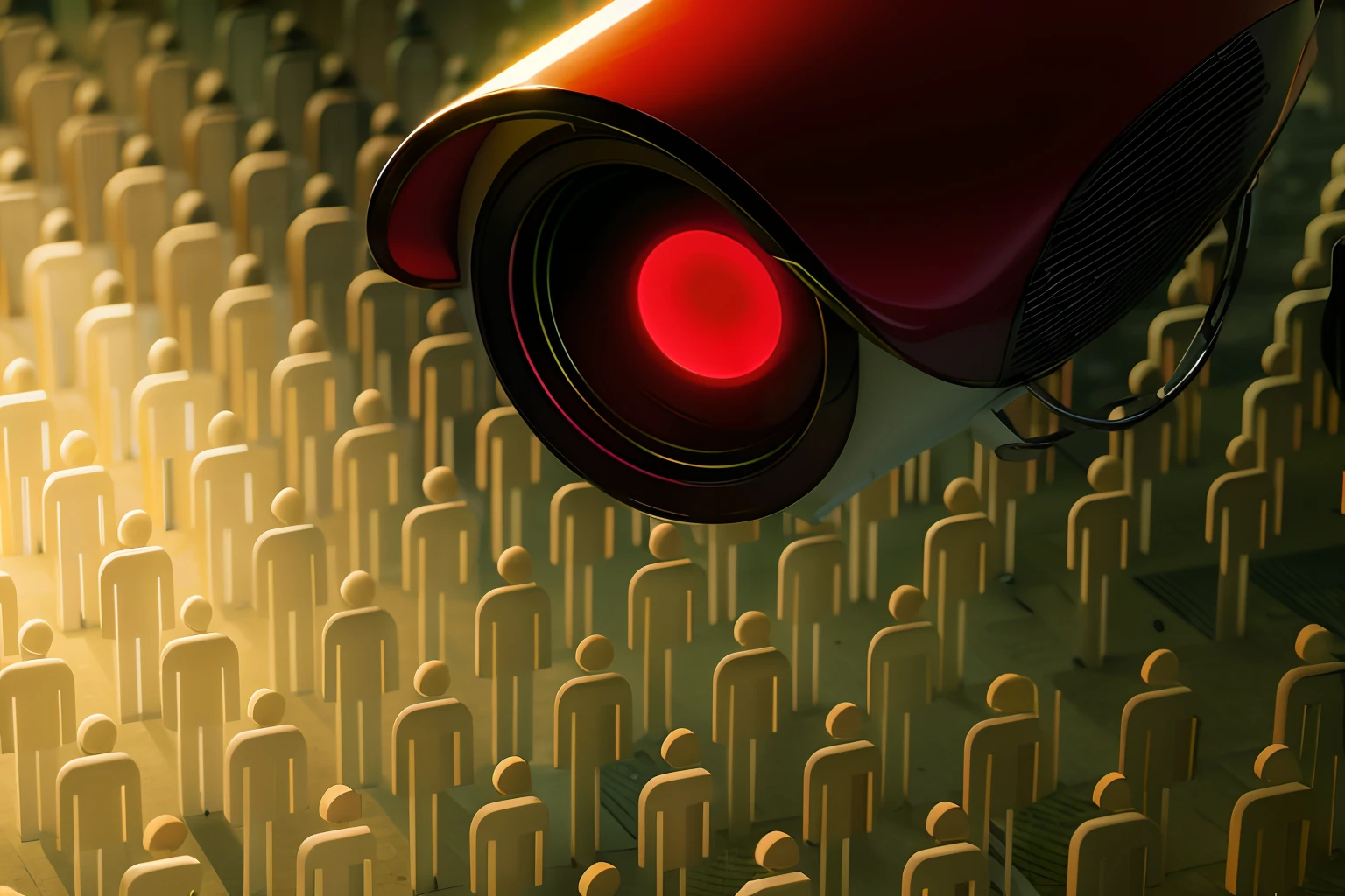 There's a traffic light that's red in a crowd of people, Described as a 3D rendering, The eyes are bright red lamps, Big Brother is watching you, creating an ominous presence, pessoas assistindo ao redor, surveillance footage, scanner laser vermelho, crowd of androids, Directed by: Julian Allen, exploitable image, Espionagem discreta, cinematic red lighting
