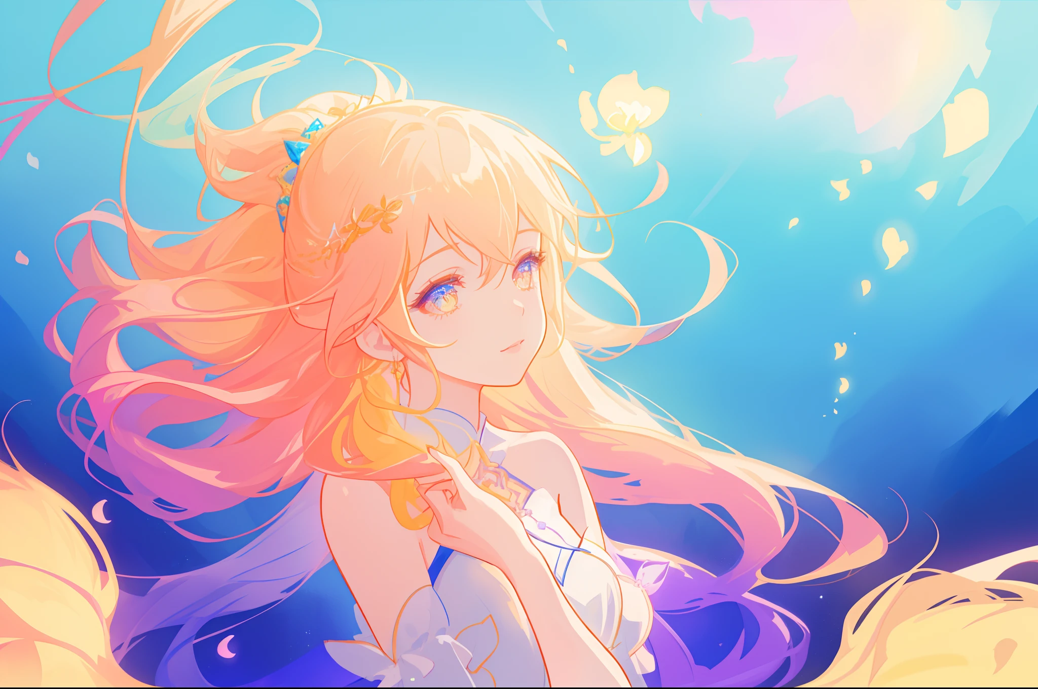 beautiful girl, flowing white dress, vibrant pastel colors, (colorful), magical lights, long flowing golden hair, inspired by Glen Keane, inspired by Lois van Baarle, disney art style, by Lois van Baarle, glowing aura around her, by Glen Keane, jen bartel, glowing lights! digital painting, flowing glowing hair, glowing flowing hair, beautiful digital illustration, fantasia background, whimsical, magical, fantasy, beautiful face, ((masterpiece, best quality)), intricate details, highly detailed, sharp focus, 8k resolution, sparkling detailed eyes, liquid watercolor