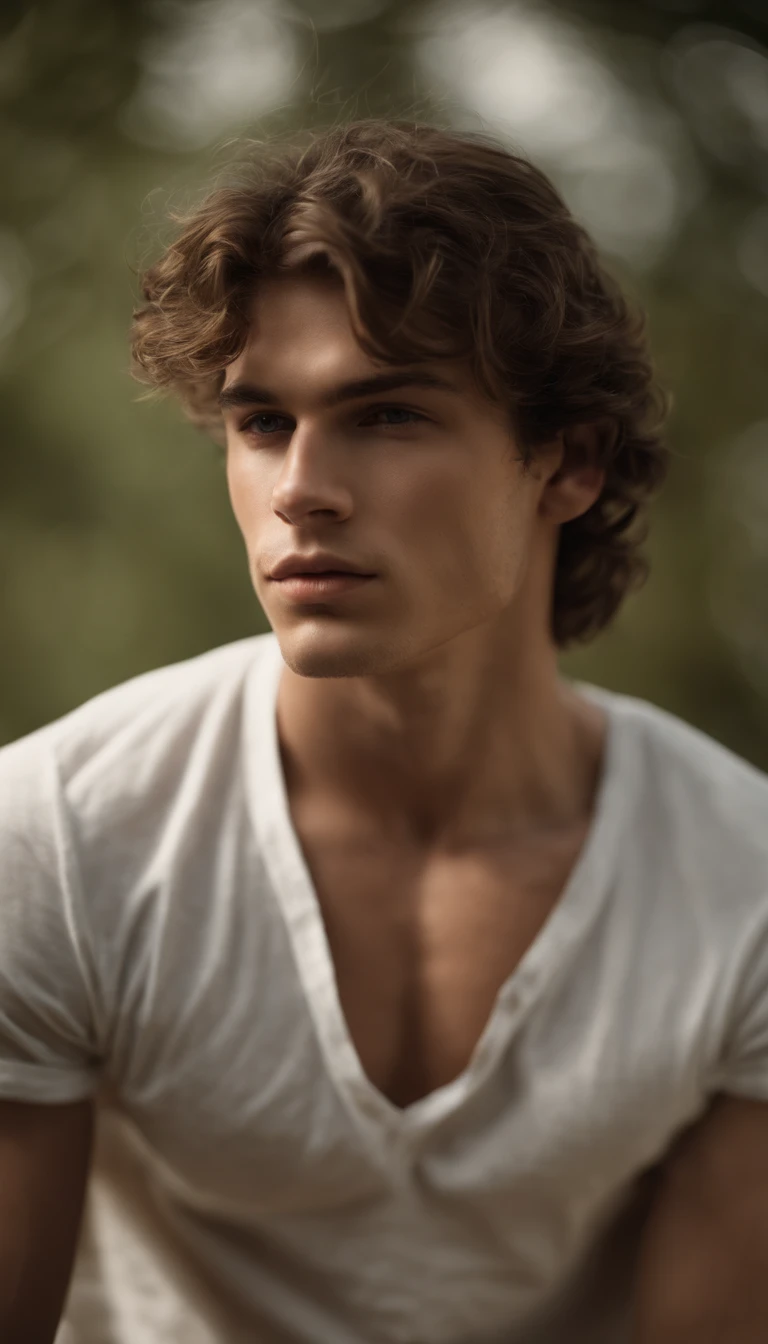 Portrait of a handsome male model, ans, Barechest, sans barbe, avec sombre, messy wavy hair, Yeux bleu clair super clair, thick lips, defined muscles, accepter, ripped body, Prise de vue du corps entier, ultra highest detailed face, Darmatic Lighting, Dim Light, jambes ouvertes