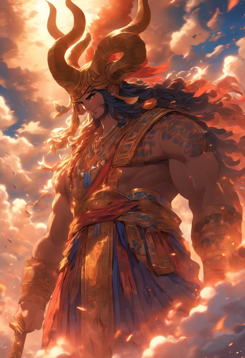 (((ANU))) best quality, ultra-high resolution, 4K detailed CG, masterpiece, Sumerian God,horns, horn,clouds, Sumerian clothes, Sumerian mythology, ((Sky God)), Sumerian image, aesthetic, screen-centric, full body