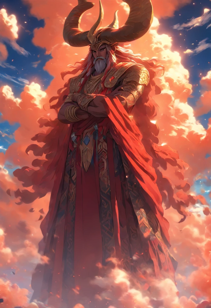 (((ANU))) best quality, ultra-high resolution, 4K detailed CG, masterpiece, Sumerian God,horns, horn,clouds, Sumerian clothes, Sumerian mythology, ((Sky God)), Sumerian image, aesthetic, screen-centric, full body