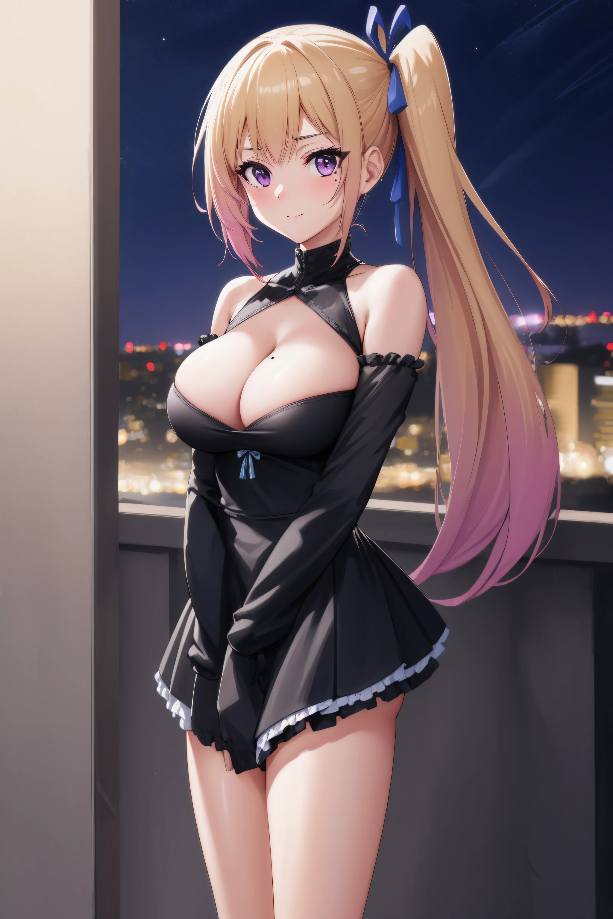 (Night:1.7), Cyberpunk_CityView, Before Window,
(Standing:1.7) at attention,
bare shoulders, bow, cleavage, dress, frills, lace, ribbon,
mai kawakami, blonde hair, hair ribbon, long hair, mole, mole under eye, ribbon, side ponytail, (purple eyes:1.2),
1 girl, 20yo,young female,Beautiful Finger,Beautiful long legs,Beautiful body,Beautiful Nose,Beautiful character design, perfect eyes, perfect face,
looking at viewer, (innocent_big_eyes:1.0),(expressionless:1.3),seductive anime girl.teasing smile,
NSFW,official art,extremely detailed CG unity 8k wallpaper, perfect lighting,Colorful, Bright_Front_face_Lighting,
(masterpiece:1.0),(best_quality:1.0), ultra high res,4K,ultra-detailed,
photography, 8K, HDR, highres, absurdres:1.2, Kodak portra 400, film grain, blurry background, bokeh:1.2, lens flare, (vibrant_color:1.2)
(Beautiful,medium_Breasts:1.4), (beautiful_face:1.5),(narrow_waist),(perfect hands, perfect anatomy)