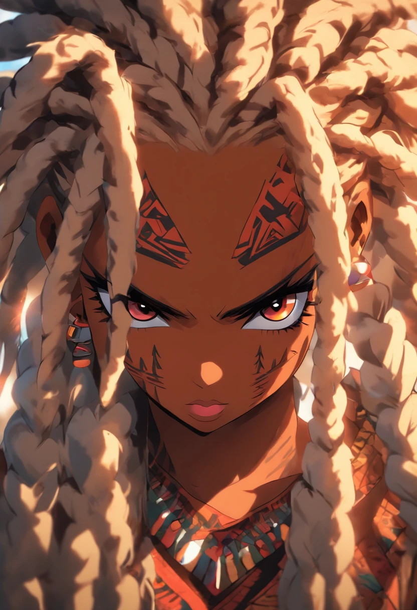 "(best quality,ultra-detailed),Ebony skin,Ebony skinned female:1.1,beautiful detailed eyes,beautiful detailed lips,white dreadlocks,thicc,tribal warrior outfit,not too strong looking,confident posture,exotic background,sharp focus,vivid colors"