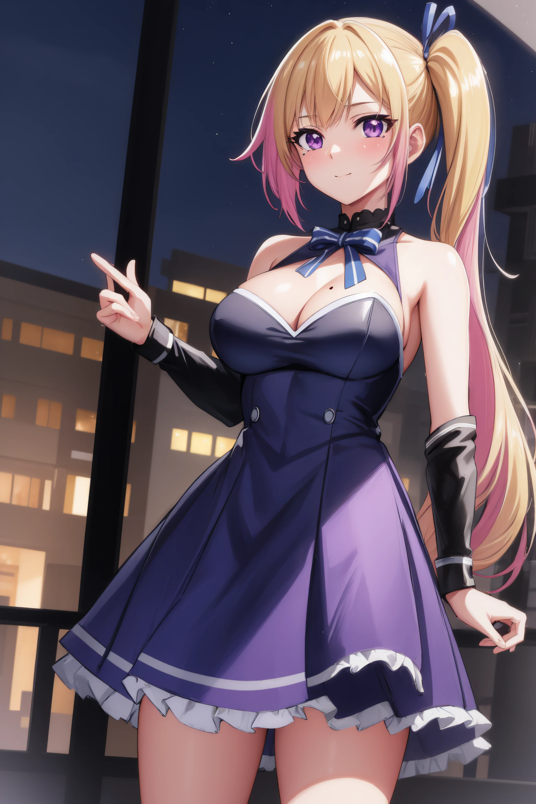 (Night:1.7), Cyberpunk_CityView, Before Window,
(Standing:1.7) at attention,
bare shoulders, bow, cleavage, dress, frills, lace, ribbon,
mai kawakami, blonde hair, hair ribbon, long hair, mole, mole under eye, ribbon, side ponytail, (purple eyes:1.2),
1 girl, 20yo,young female,Beautiful Finger,Beautiful long legs,Beautiful body,Beautiful Nose,Beautiful character design, perfect eyes, perfect face,
looking at viewer, (innocent_big_eyes:1.0),(expressionless:1.3),seductive anime girl.teasing smile,
NSFW,official art,extremely detailed CG unity 8k wallpaper, perfect lighting,Colorful, Bright_Front_face_Lighting,
(masterpiece:1.0),(best_quality:1.0), ultra high res,4K,ultra-detailed,
photography, 8K, HDR, highres, absurdres:1.2, Kodak portra 400, film grain, blurry background, bokeh:1.2, lens flare, (vibrant_color:1.2)
(Beautiful,medium_Breasts:1.4), (beautiful_face:1.5),(narrow_waist),(perfect hands, perfect anatomy)