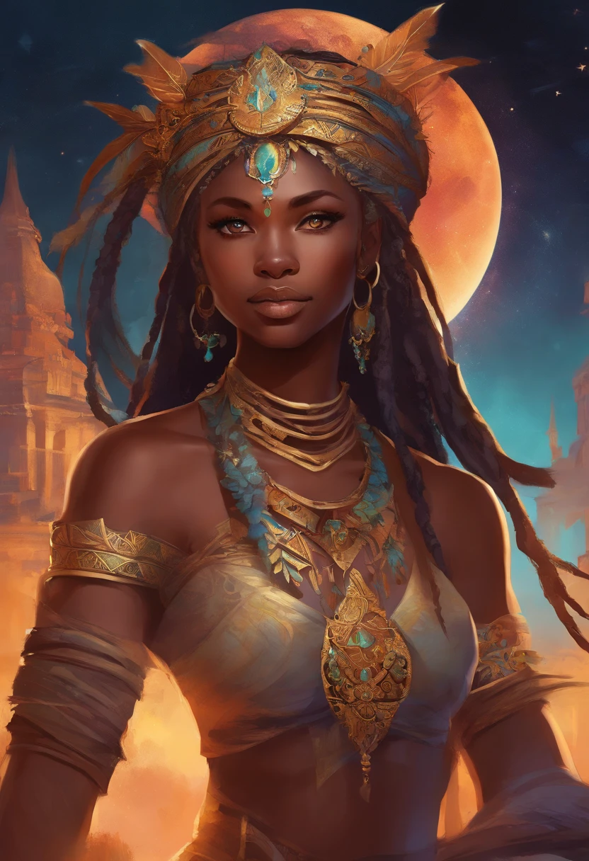 "(best quality,ultra-detailed),Ebony skin,Ebony skinned female:1.1,beautiful detailed eyes,beautiful detailed lips,white dreadlocks,thicc,tribal warrior outfit,not too strong looking,confident posture,exotic background,sharp focus,vivid colors"