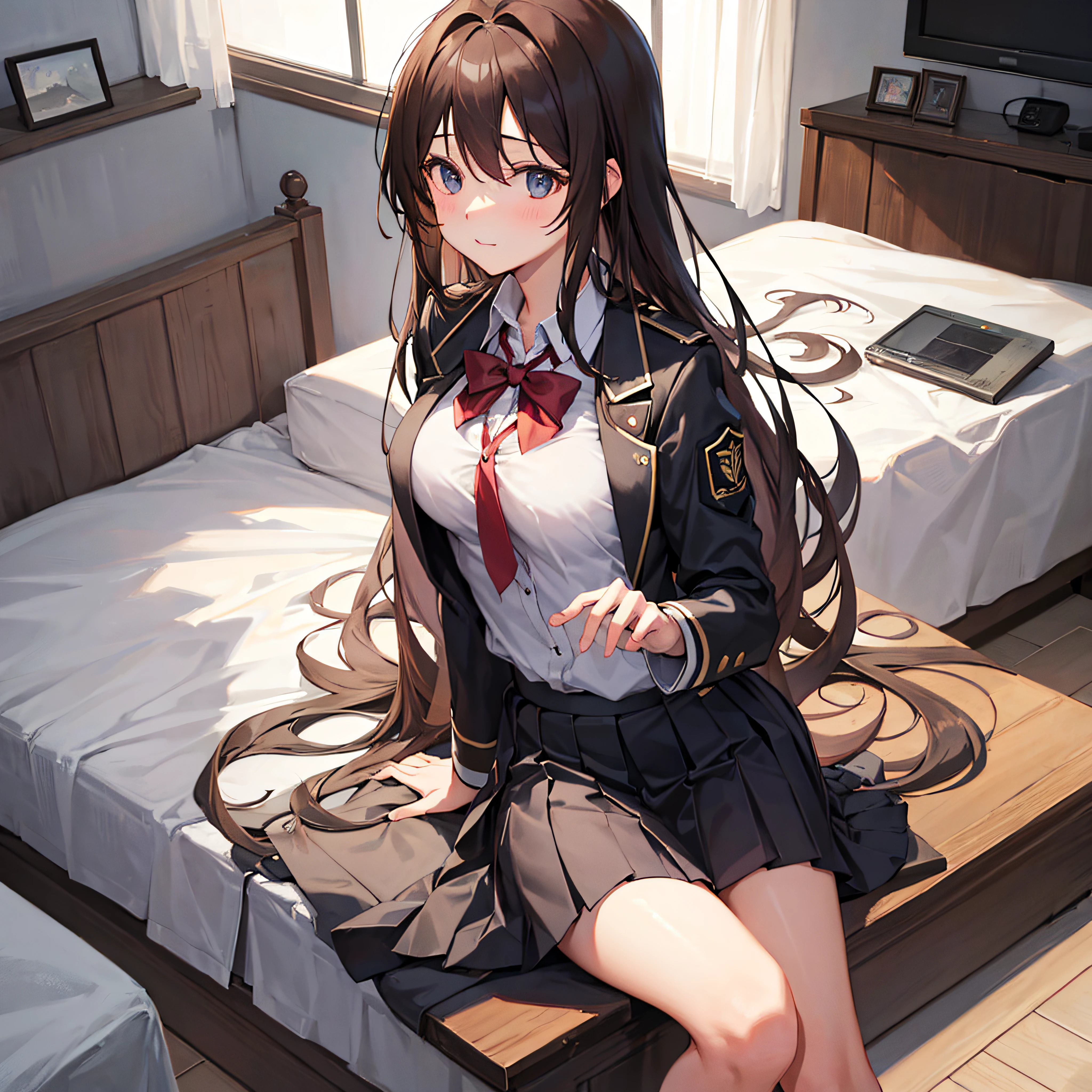 (Cute), high-school uniform, length hair, Brown hair, Black eye, Gentle, large full breasts