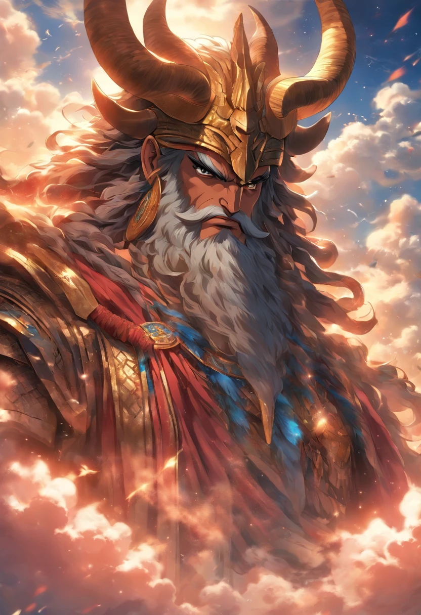 (((ANU))) best quality, ultra-high resolution, 4K detailed CG, masterpiece, Sumerian God,horns, horn,clouds, Sumerian clothes, Sumerian mythology, ((Sky God)), Sumerian image, aesthetic, screen-centric, full body